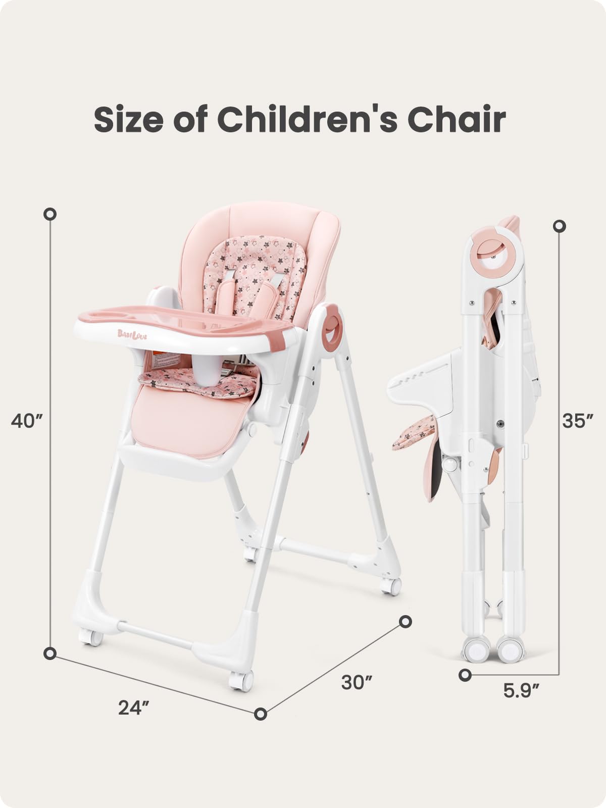 Convertible High Chair for Babies & Toddlers - Adjustable Foldable Baby Dining Chair with Backrest, Footrest & Tray | Lockable Wheels | Star Pink | Perfect for Home, Restaurant & Travel Use