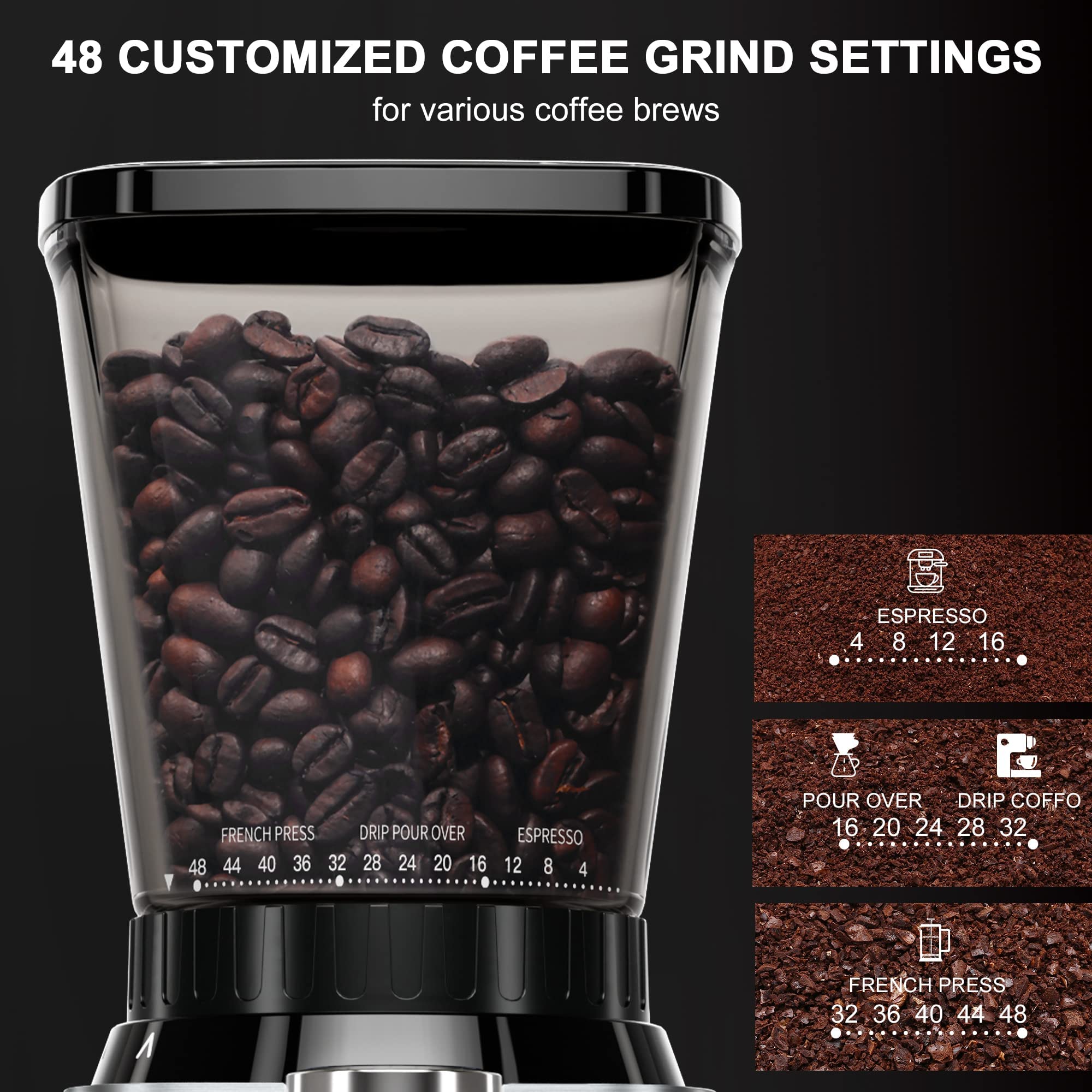 Premium Electric Conical Burr Coffee Grinder - 48 Adjustable Settings for Espresso, Drip & French Press - Anti-Static Design for Home & Office Use - Perfect for 2-12 Cups (Black) - Ideal for Coffee Enthusiasts & Baristas