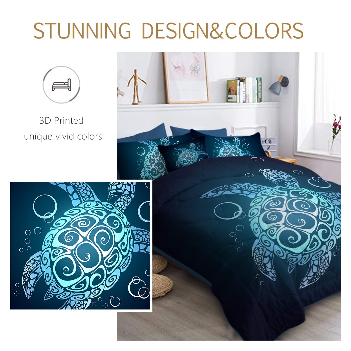 BlessLiving Sea Turtle Comforter Set - Queen Size 8-Piece Bed-in-a-Bag with Sheets, Shams & Decorative Pillow | Teal Turquoise Coastal Beach Theme Bedding | Perfect for Guest Rooms, Vacation Homes & Ocean-Themed Bedrooms