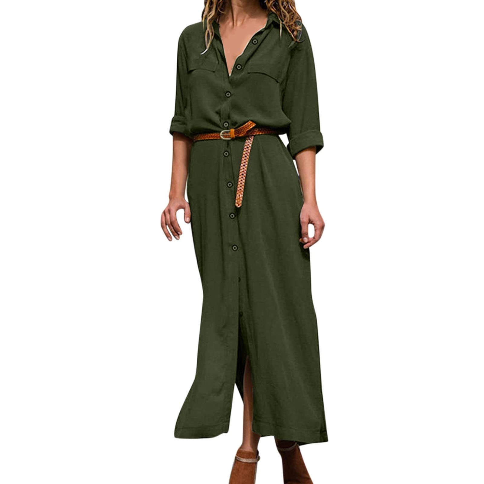 Elegant Women's Funeral Dress - Solid Color Button Down Long Shirt Dress with Lapel & Belt - Perfect for Memorial Services, Church Events & Formal Occasions
