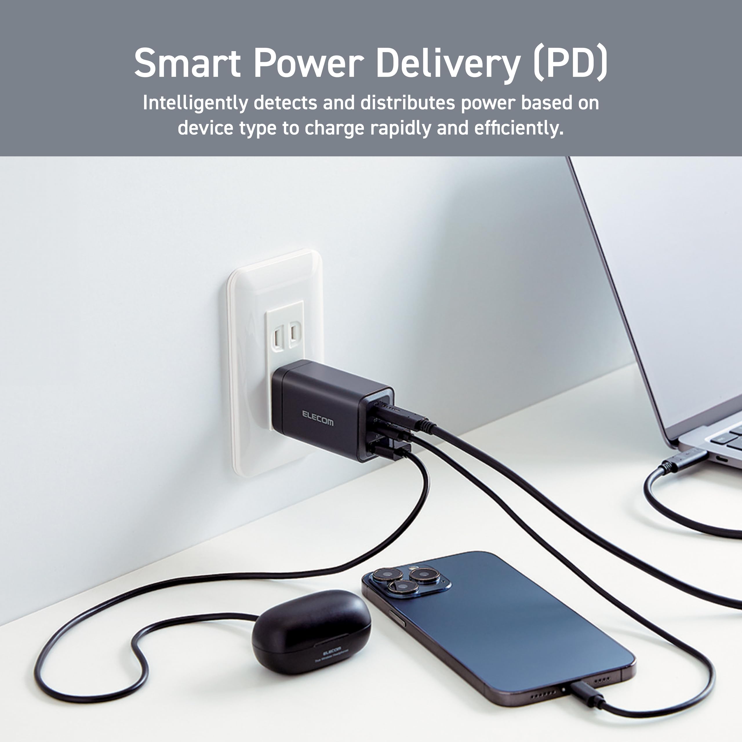 ELECOM 65W GaN II Fast Wall Charger with 3 USB-C Ports - Compact Power Adapter for iPhone, MacBook, iPad, Samsung Galaxy, AirPods & Smart Devices | Perfect for Travel, Office & Home Charging Station