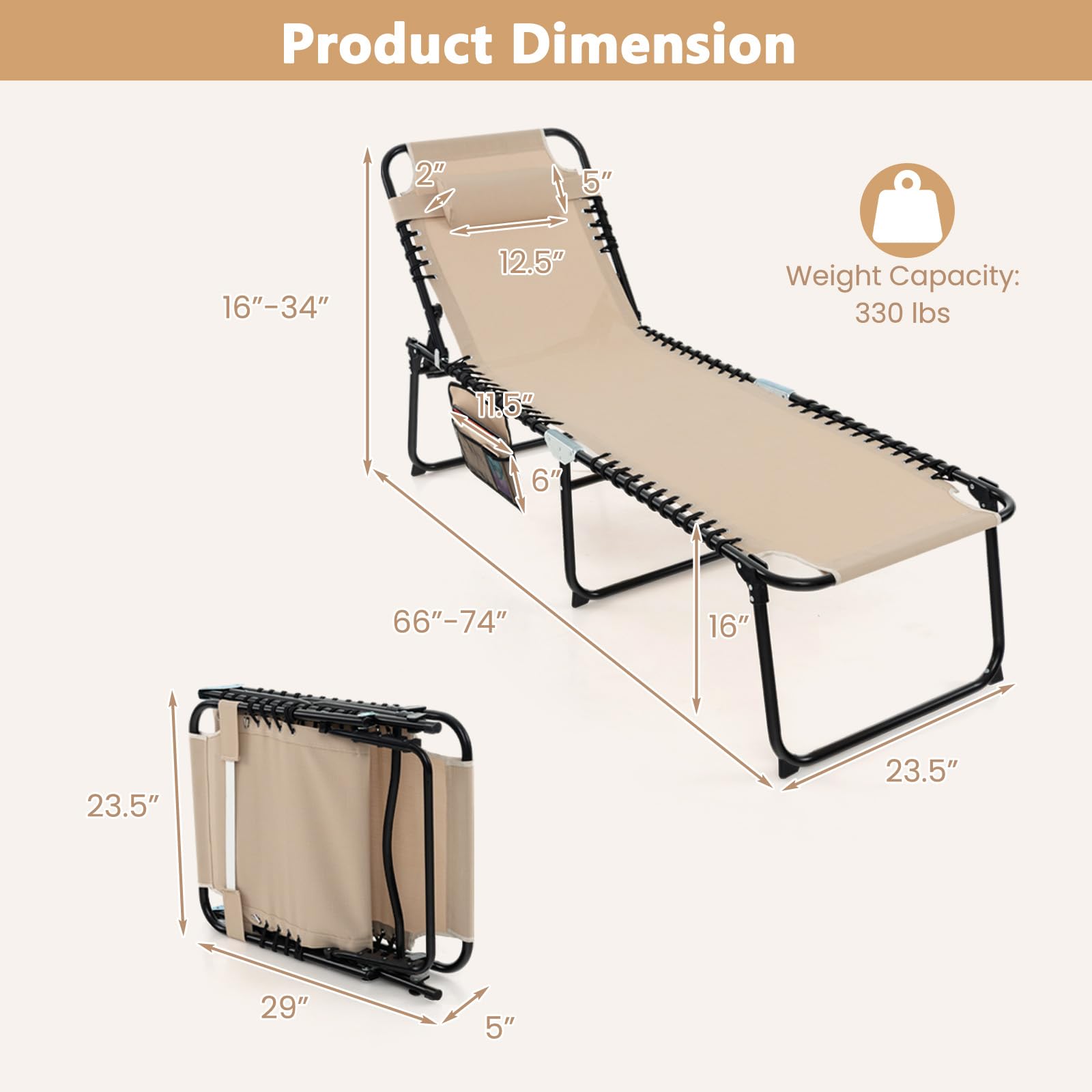 Giantex 2-Pack Folding Patio Lounge Chairs with Headrest - Adjustable Tanning Chairs for Outdoor, Poolside & Beach - 4-Position Recliner with Side Pocket - Perfect for Sunbathing, Camping & Backyard Relaxation - Beige