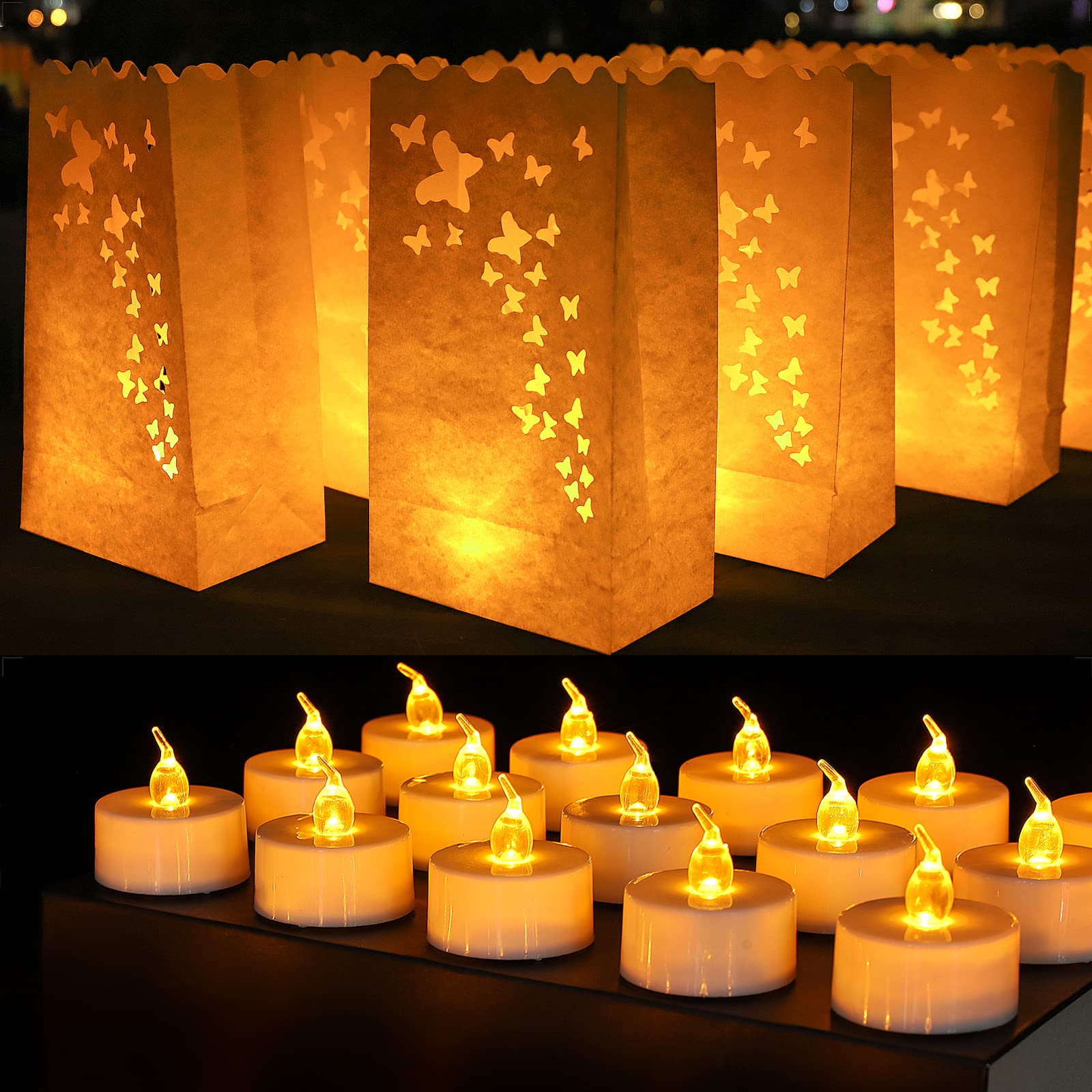 50 PCS White Butterfly Luminary Bags with 50 PCS Flameless LED Tea Lights - Battery Operated Candles for Christmas, Thanksgiving, Weddings & Outdoor Decorations - Elegant Holiday Party, Garden, Pathway Lighting Solution