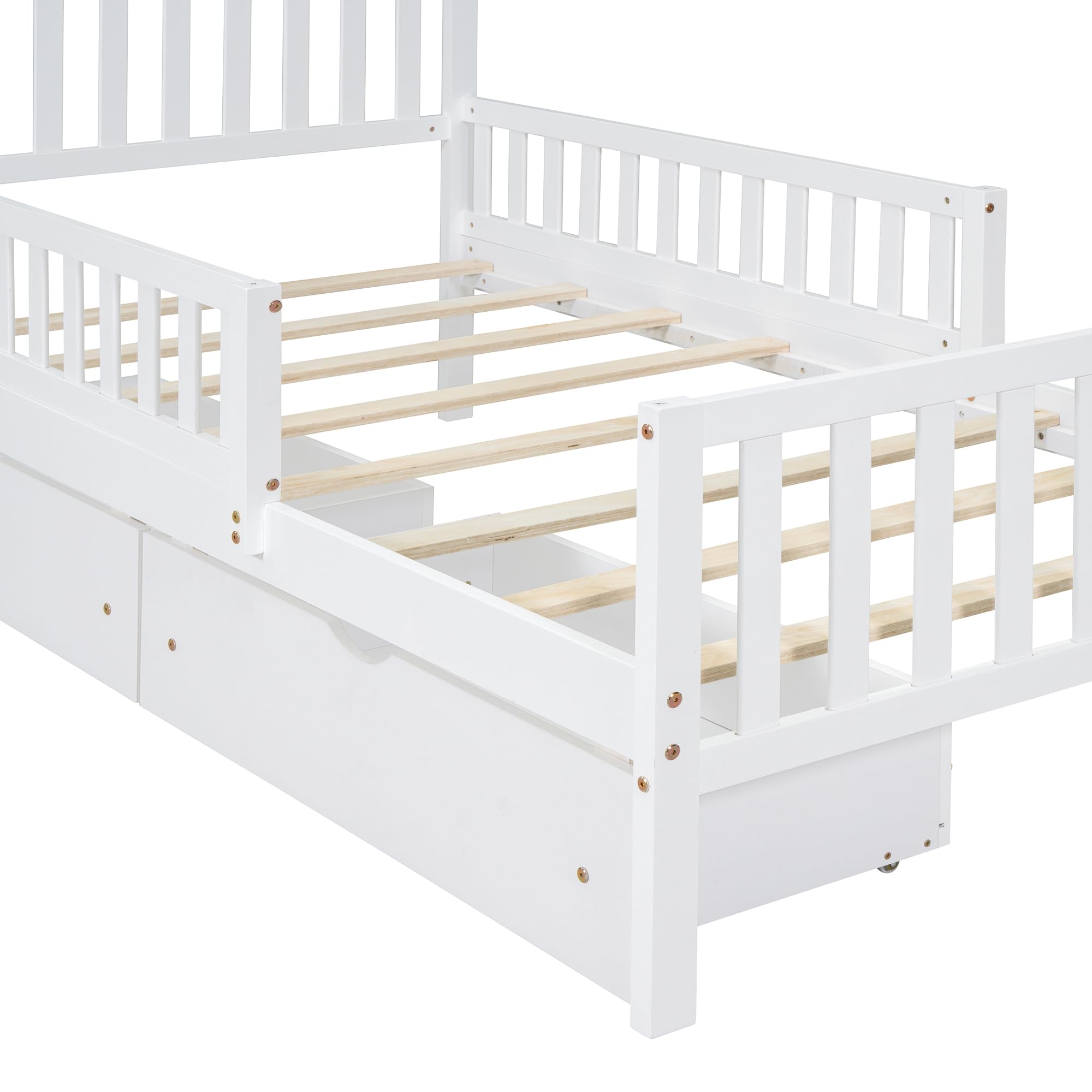 White Twin Size Kids Bed with Guardrails - Low Platform Bed Frame with Headboard, Footboard & 2 Storage Drawers - Safe Children's Bed for Boys & Girls - Perfect for Small Bedrooms, Guest Rooms & Kids' Shared Spaces