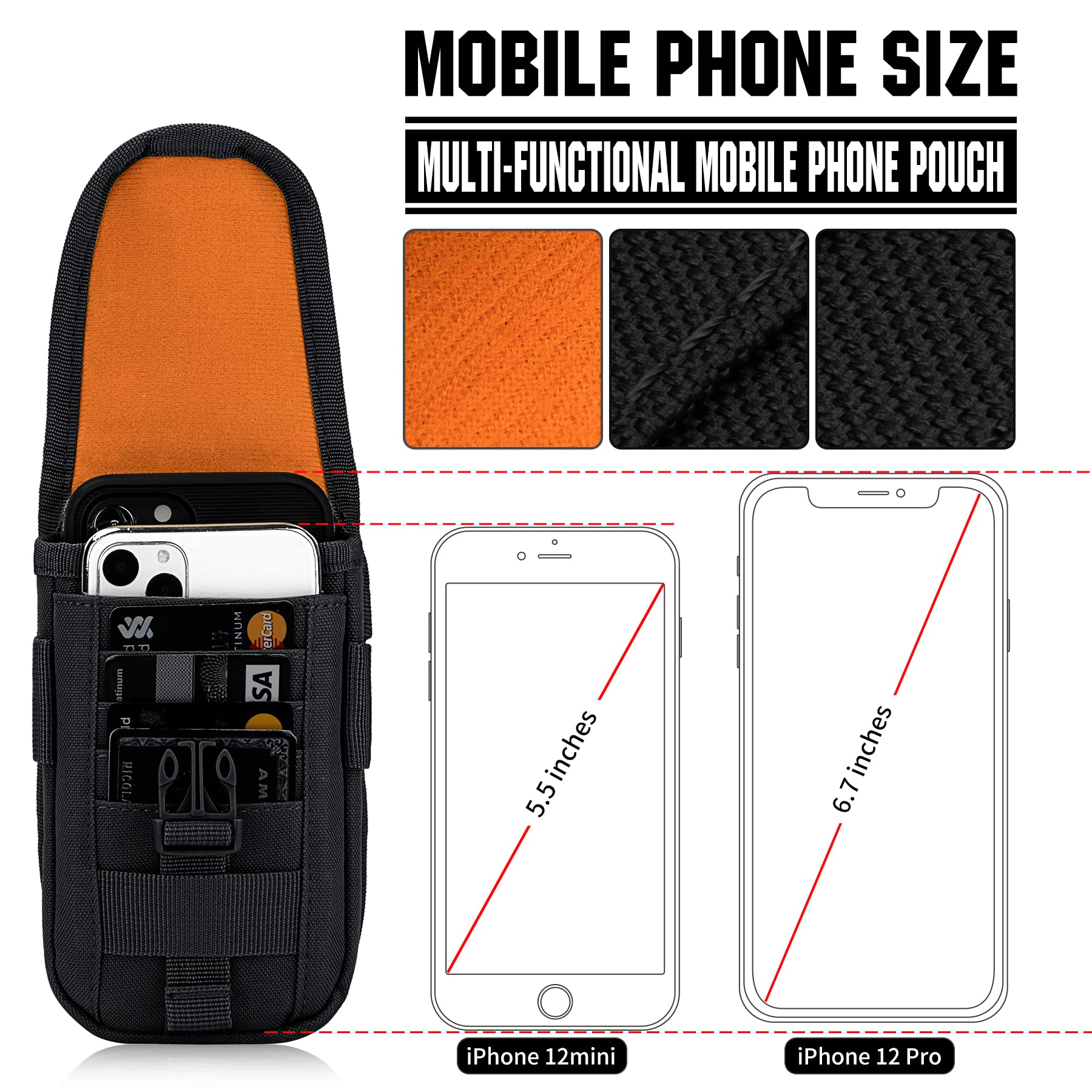 Tactical Phone Holster Pouch - Molle-Compatible Smartphone Case for iPhone 16 Pro/15 Pro (4.7