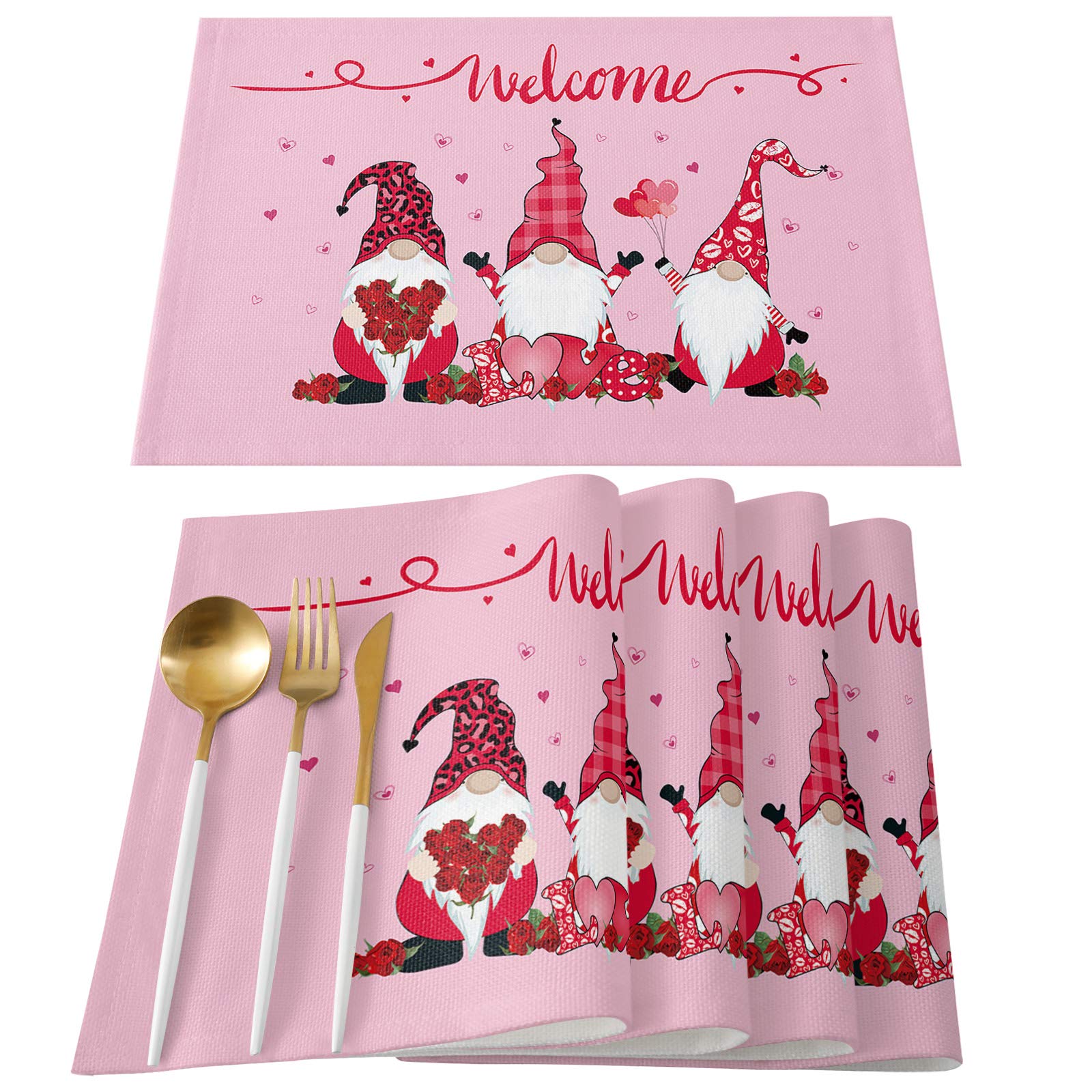 Valentine's Day Washable Placemats Set of 4 - Non-Slip Heat Resistant Kitchen Table Mats with Gnome Love Heart Pink Pattern for Farmhouse Dining | Perfect for Romantic Dinners, Holiday Decor & Everyday Use