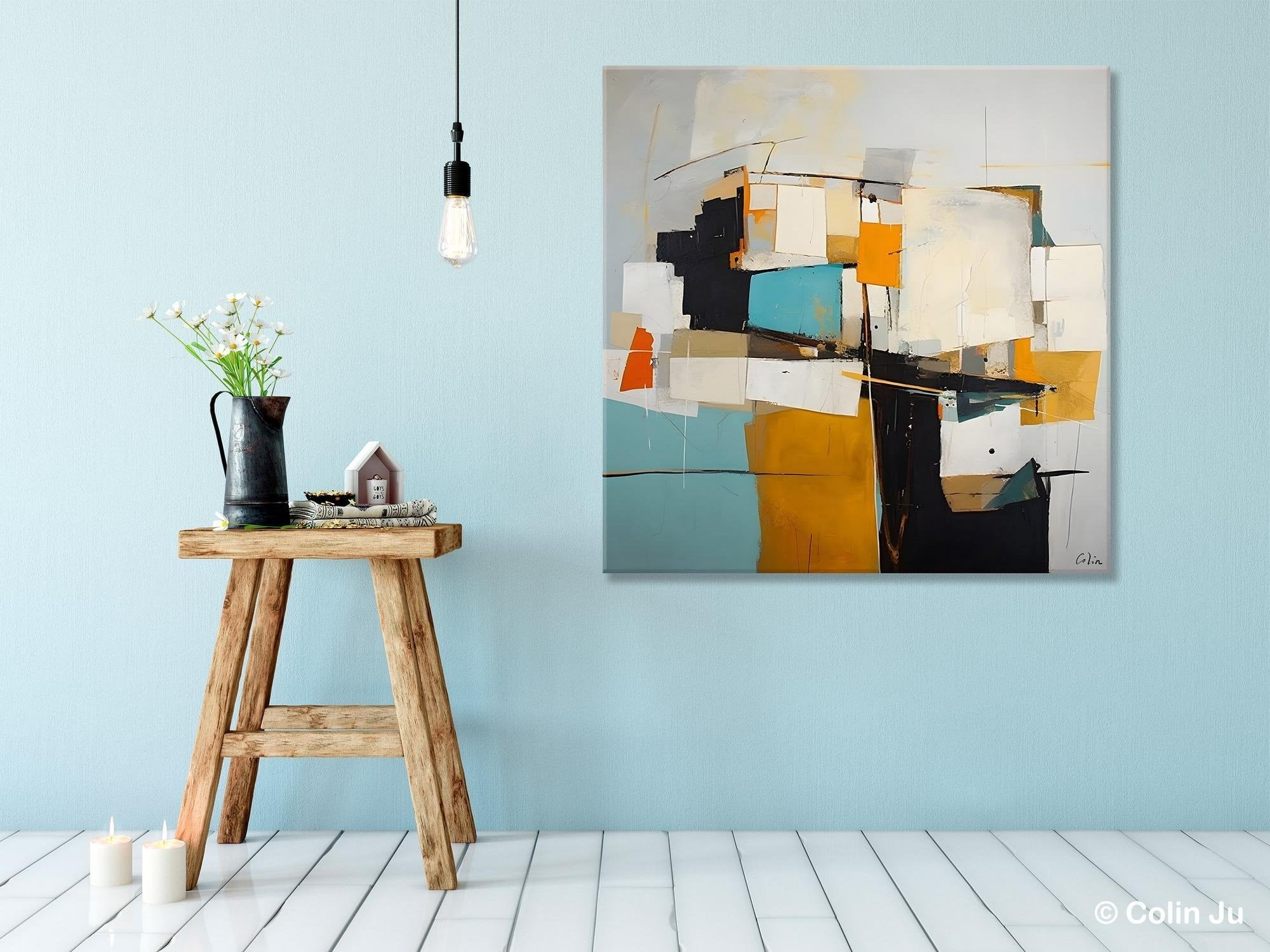 Modern Abstract Canvas Wall Art - Hand Painted Geometric Acrylic Painting - Large Contemporary Artwork for Living Room, Bedroom & Office Decor