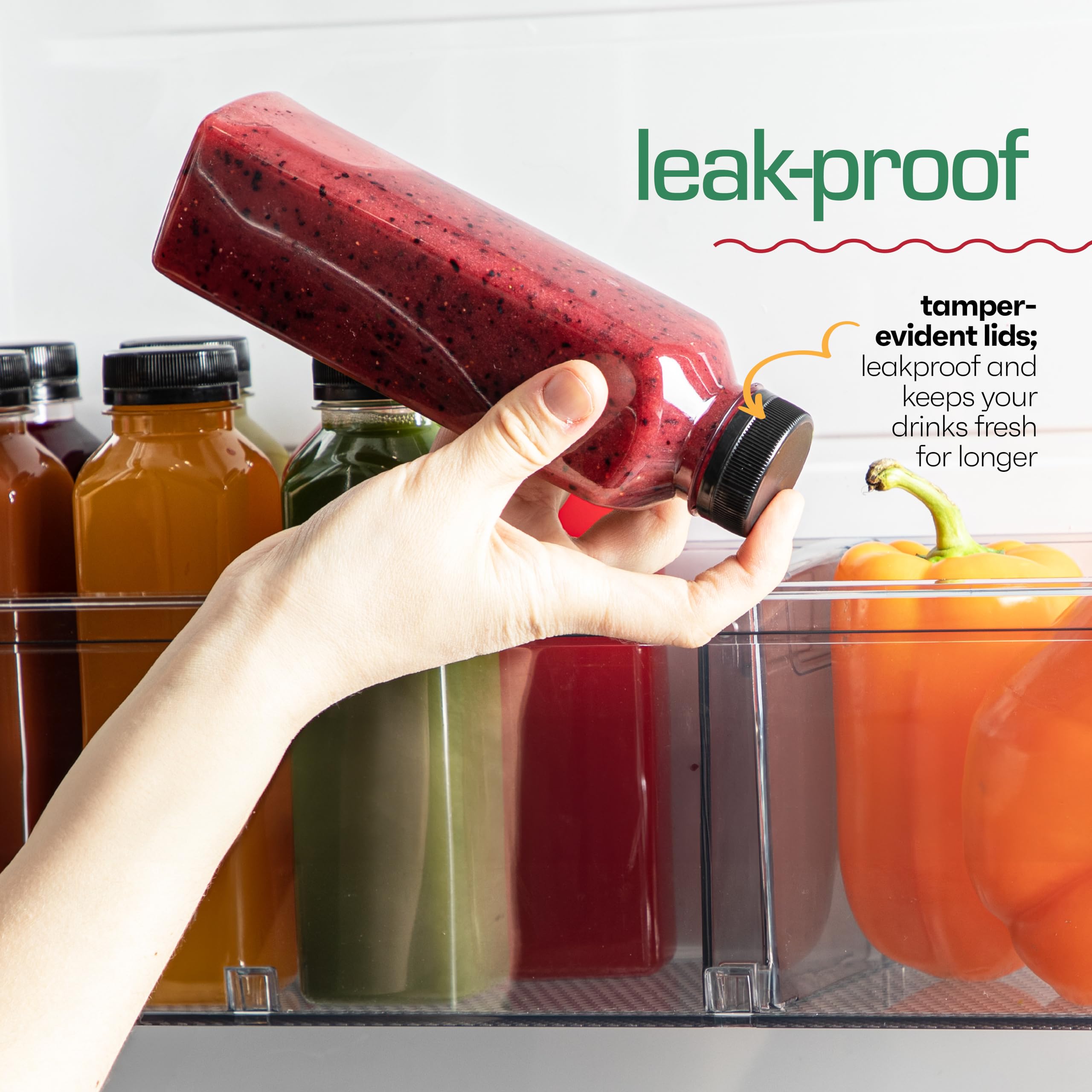 16oz 20pcs Juice Bottles With Tamper Evident Caps - BPA-Free, Shatterproof & Leakproof Juice Containers for Refrigerator Storage - Made in USA, Disposable & Recyclable - Perfect for Cold Pressed Juices, Meal Prep and On-the-Go Hydration