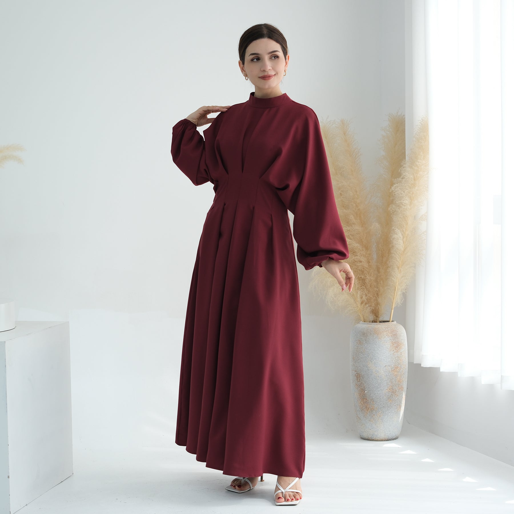 Madison Long Sleeve Maxi Dress for Women - Elegant Wine Red Flowy Formal Gown with Side Slits, Perfect for Weddings, Parties & Special Occasions