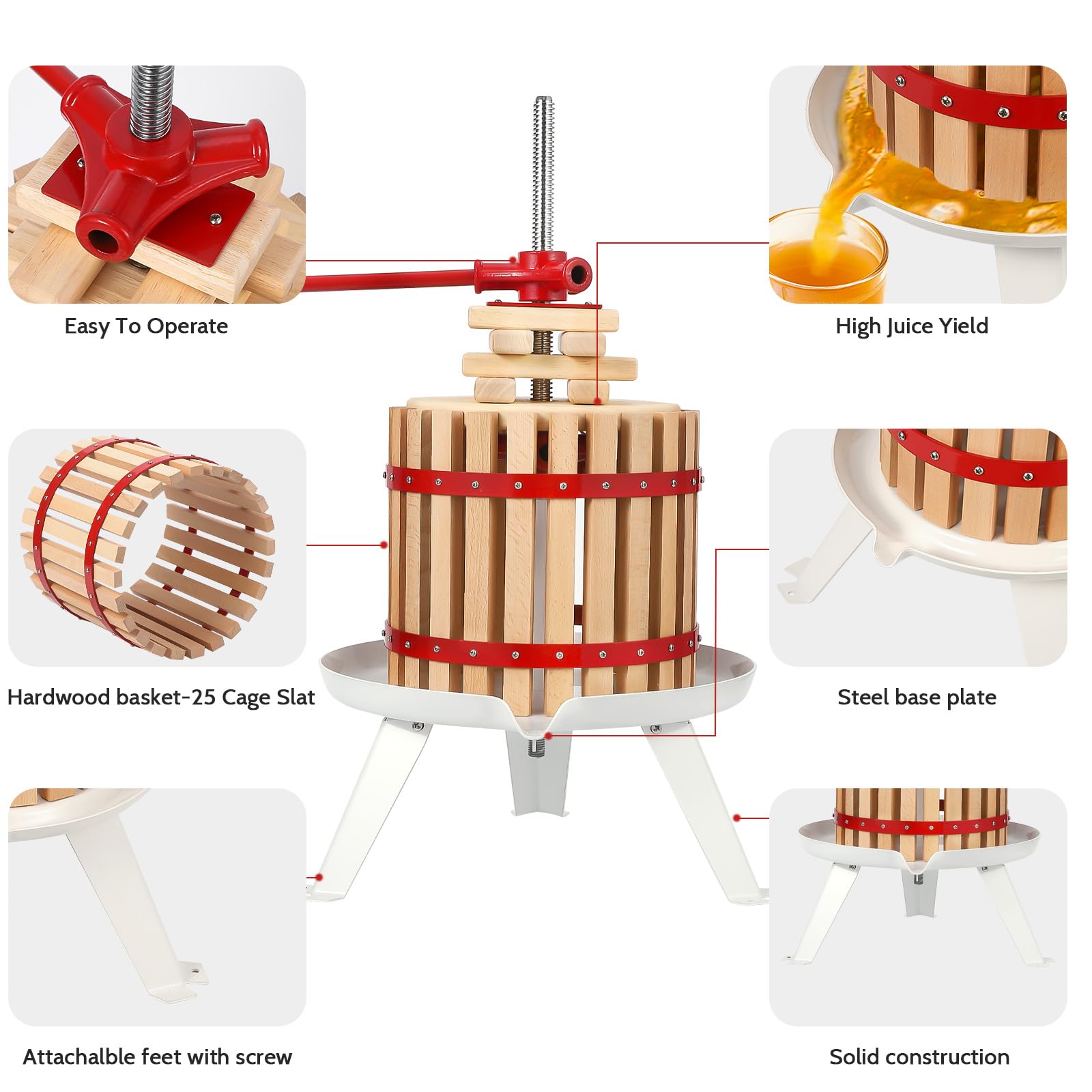 3.2 Gallon Manual Fruit Wine Press - Wood & Steel Construction with T-Handle, Stable Triangular Base - Perfect for Making Apple, Grape, and Berry Wines at Home, in Kitchen, or Outdoor Use - DIY Assembly Required