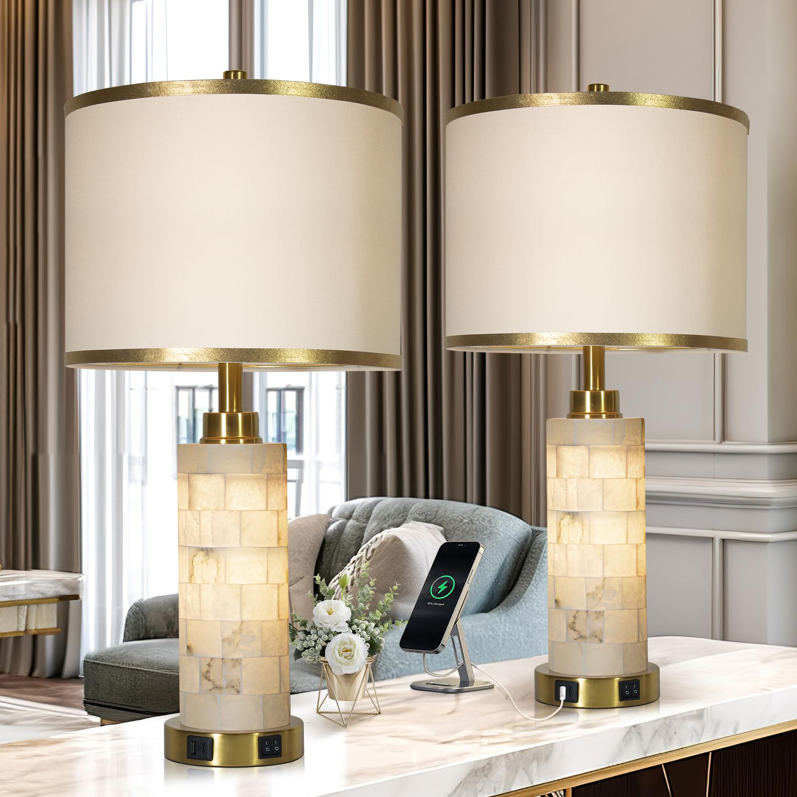 Natural Alabaster Nightstand Lamp Set of 2 - USB Charging Ports, Linen Shade, Warm White Light - Perfect for Bedroom, Living Room, Home Office, Hotel & Bar Decor