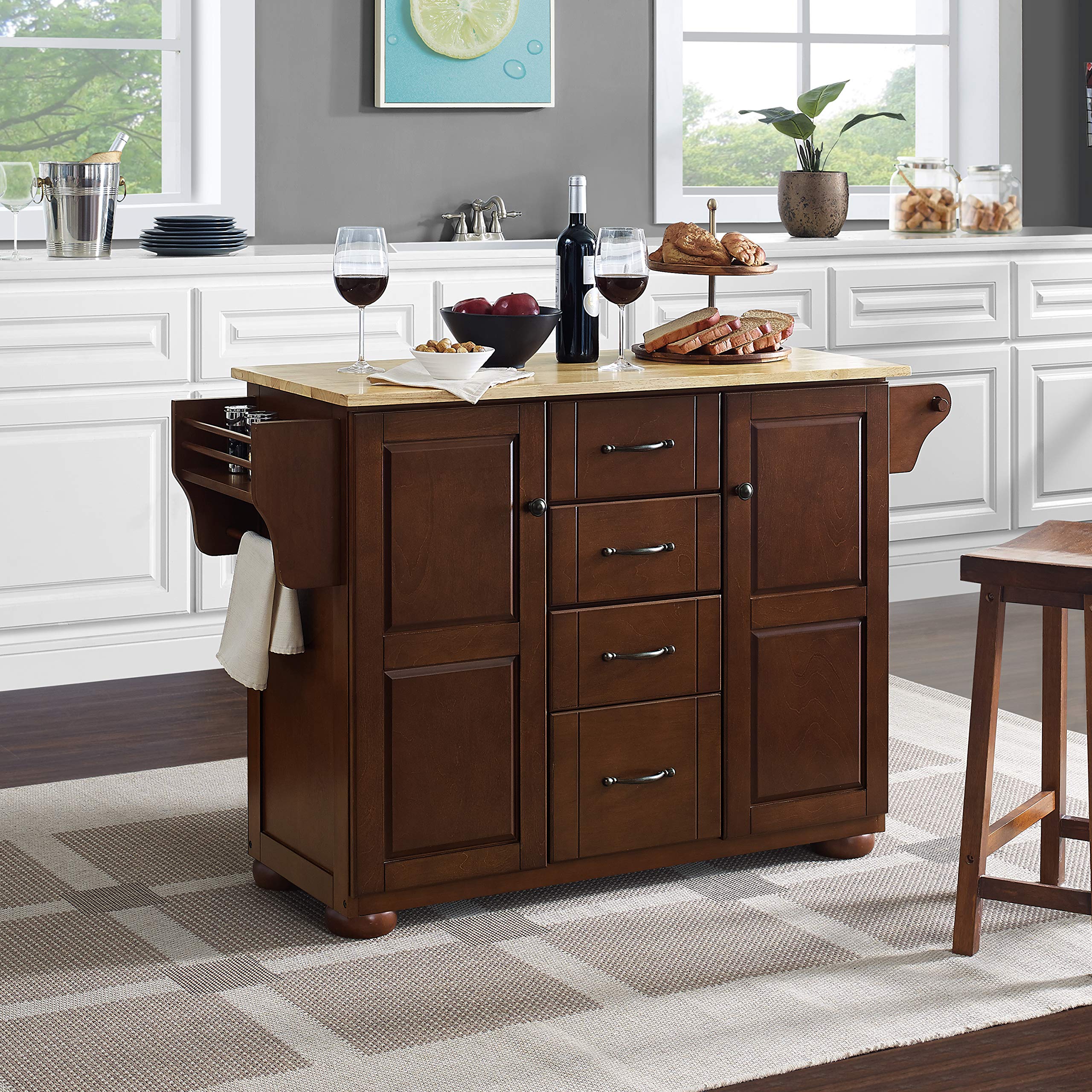 Crosley Eleanor Wood Top Kitchen Island with Spice Rack, Storage Drawers & Shelves - Mahogany Finish | Perfect for Small Kitchens, Pantry Organization & Extra Counter Space