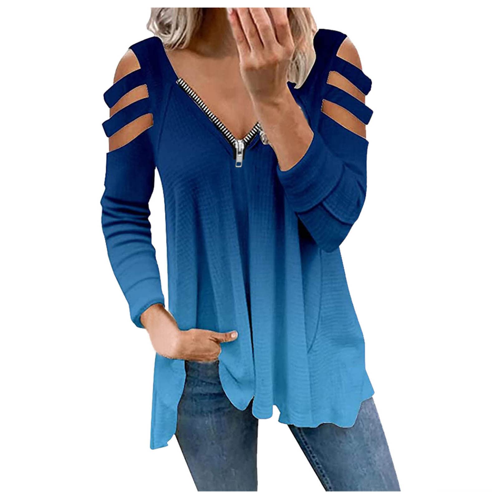 CHARMAP Women's Long Sleeve V-Neck Zipper Blouse - Sexy Casual Tunic Top for Work, Date Night & Everyday Wear | Trendy Plus Size T-Shirt Style Tops