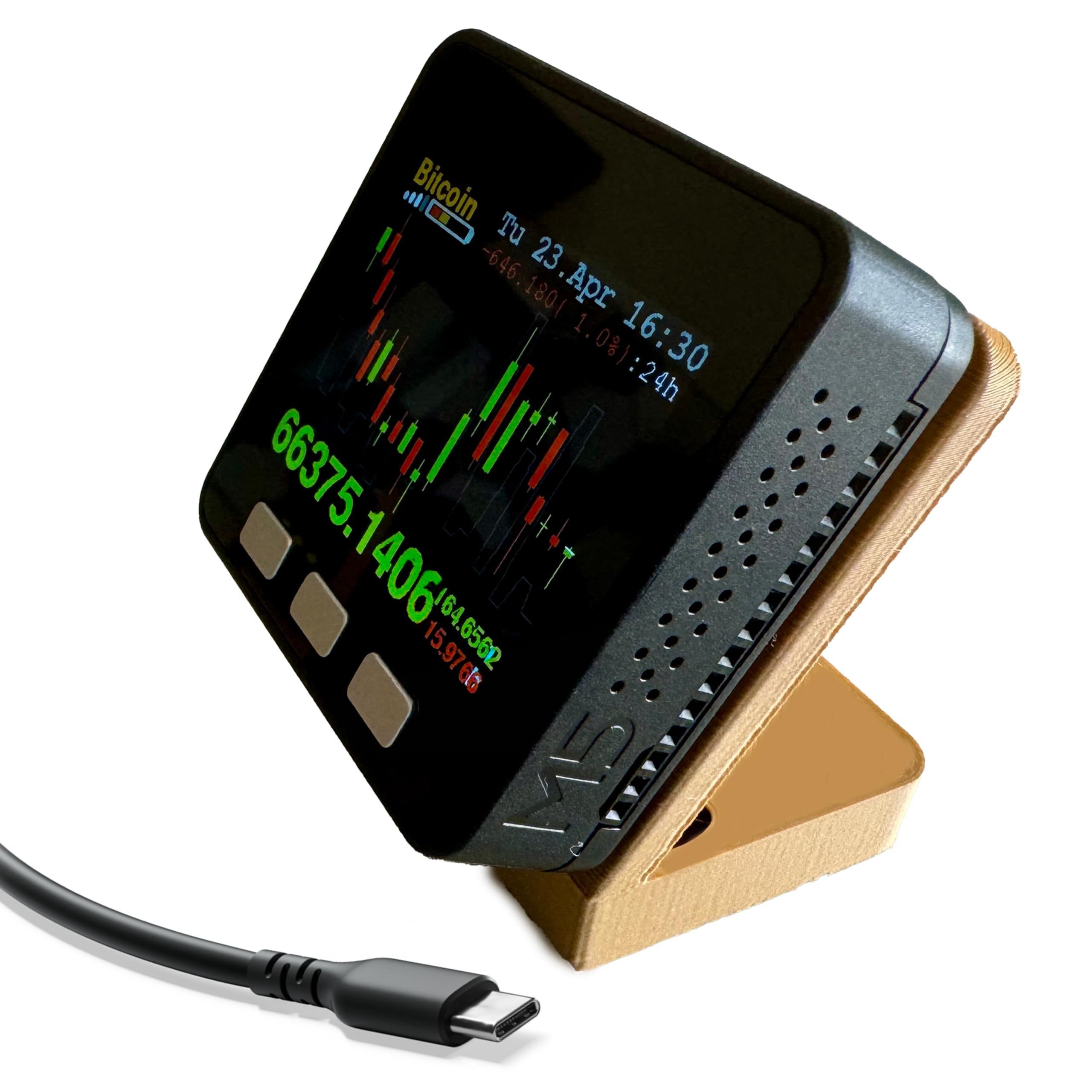 Bitcoin Price Tracker - Crypto Candlestick Display with Customizable LCD - Wooden Desk Gadget for BTC, ETH, DOGE, MATIC, XRP, HNT - Battery Powered - Perfect for Crypto Trading & Office Decor