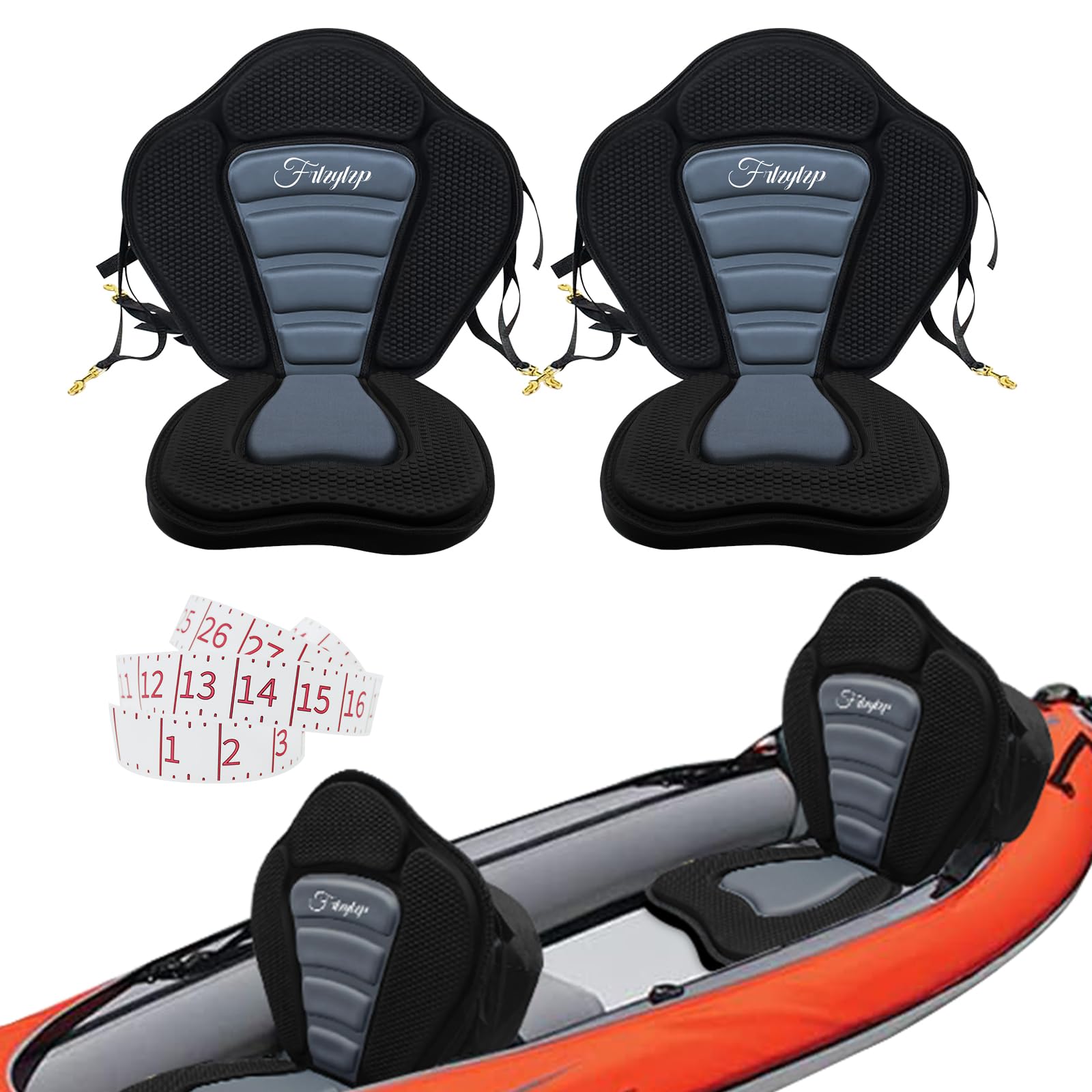 Premium Thickened Kayak Seats with Back Support - Shockproof & Comfortable for Kayaking, Canoeing, Fishing, Paddle Boarding - Extra Storage Design (Black+Gray, 2 Pack) - Perfect for Outdoor Water Sports & Relaxing on the Lake