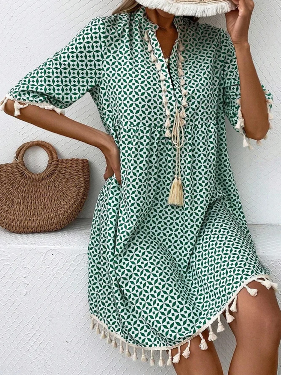 Stylish Tassel Printed Notched Half Sleeve Mini Dress for Women | Summer Party & Cocktail Outfit | Perfect for Date Night & Beach Vacations