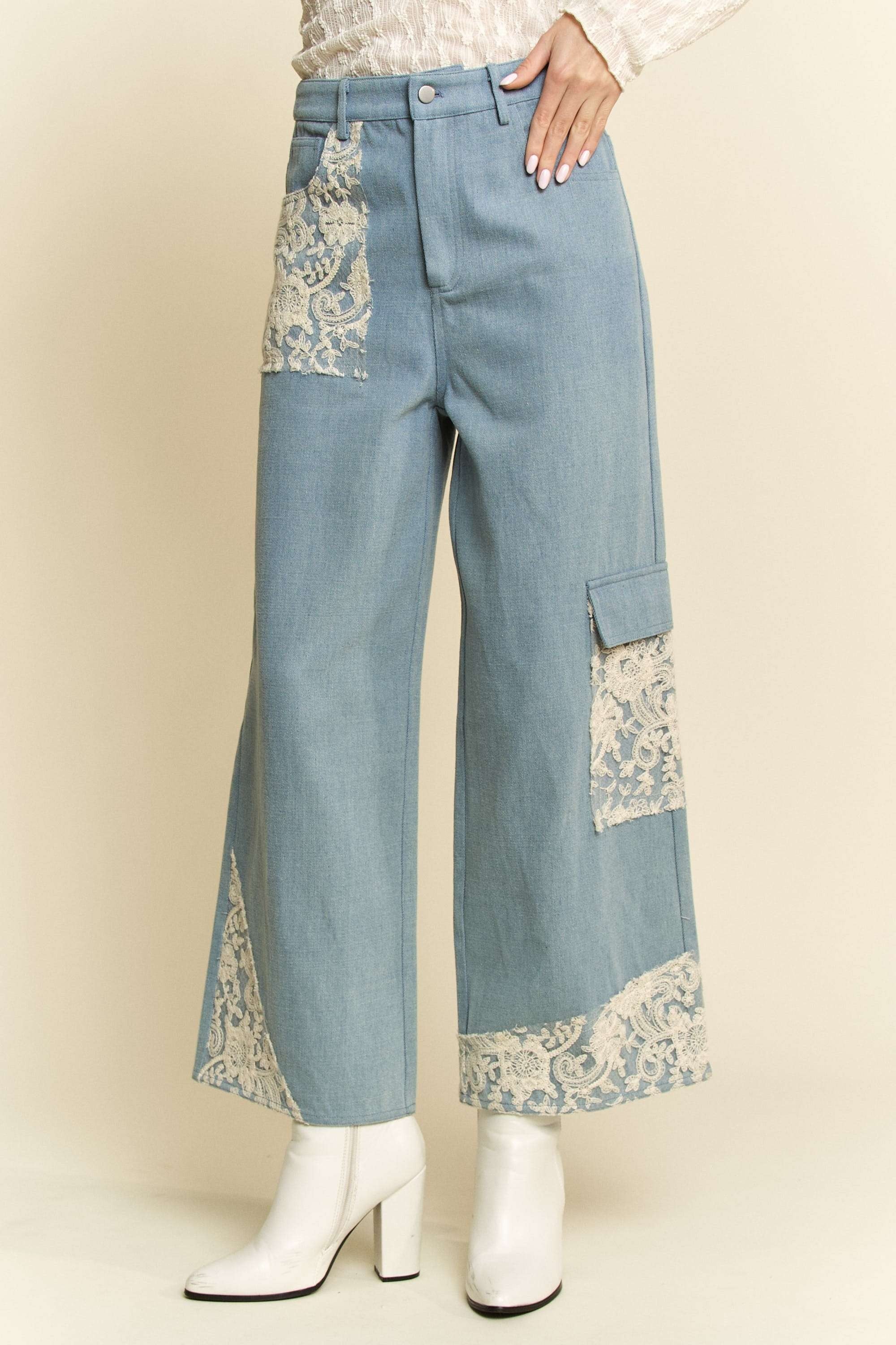 Boho Wide Leg Jeans with Lace Applique - Floral Embroidered Beachy Denim Pants for Women | Perfect for Summer Vacations, Music Festivals & Casual Outings