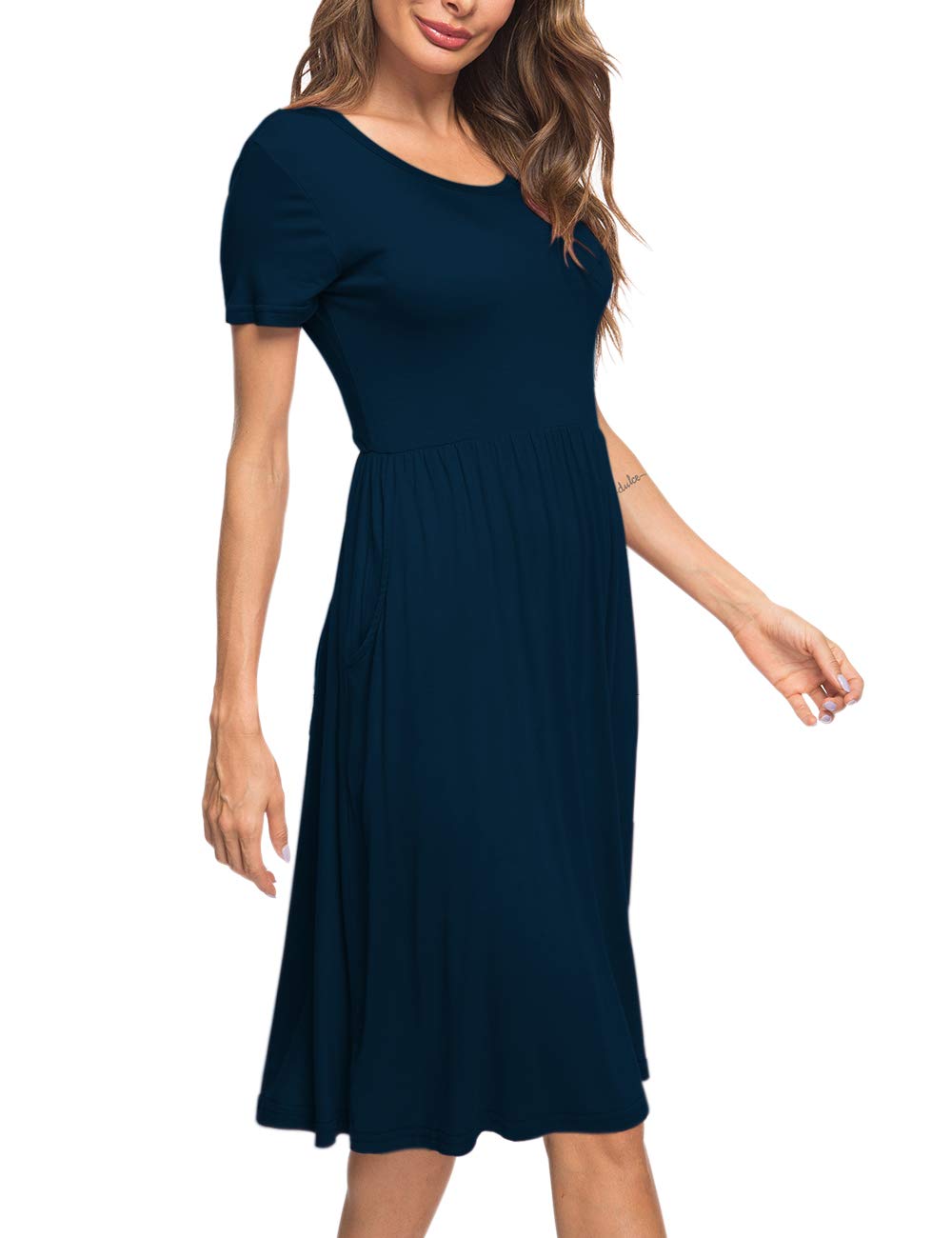AUSELILY Women's Summer Short Sleeve Empire Waist Dress - Flowy Pleated Swing Dress with Pockets, Knee Length Casual Sundress for Beach, Vacation & Everyday Wear | 2025 New Collection