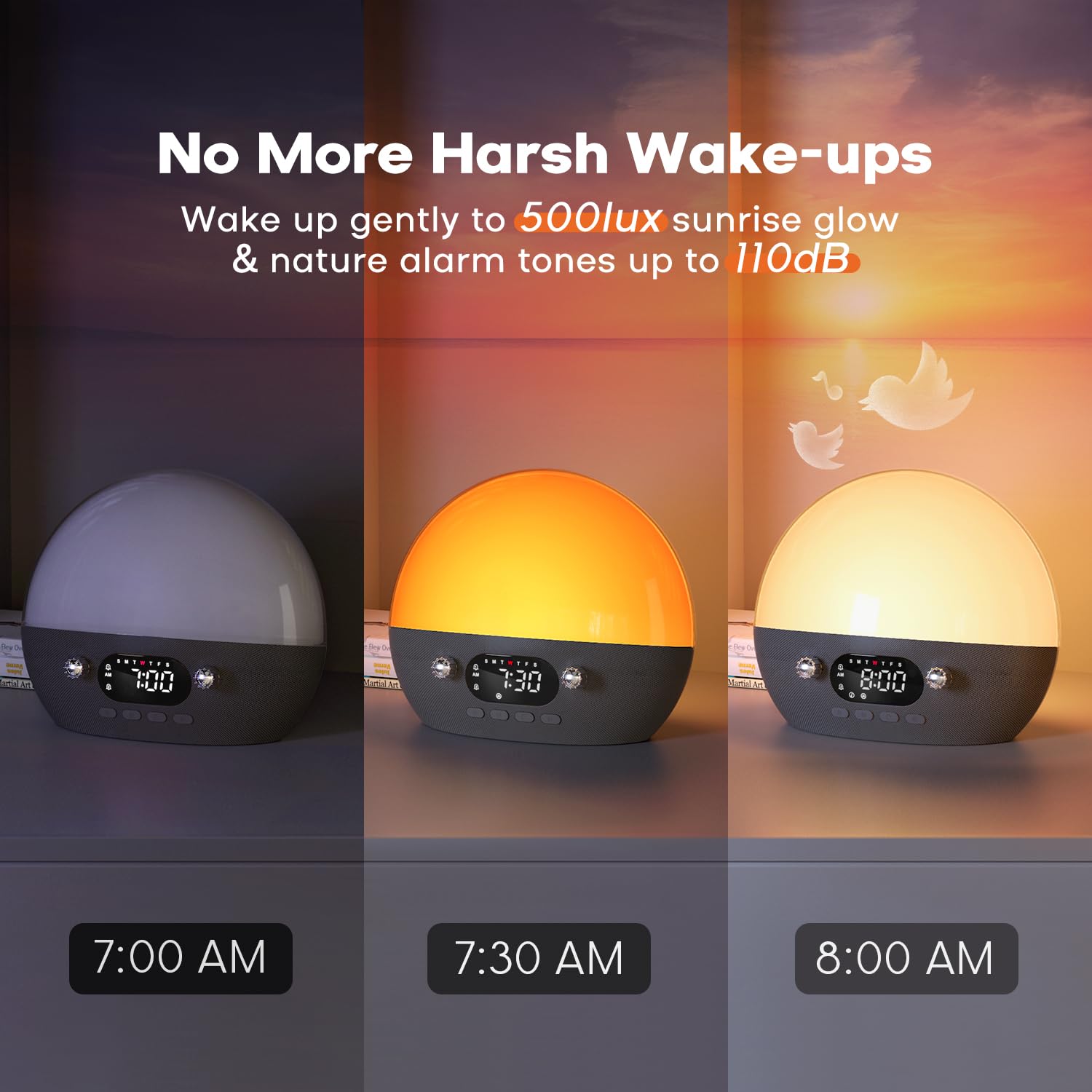 Dekala RestOnn Sunrise Alarm Clock & Sunset Sound Machine - 7-Day Programmable Dual Alarm with White Noise & Natural Sleep Sounds, Bluetooth Speaker, Amber Night Light & Smart App Control (White) - Perfect for Bedroom, Nursery, Office & Meditation Room