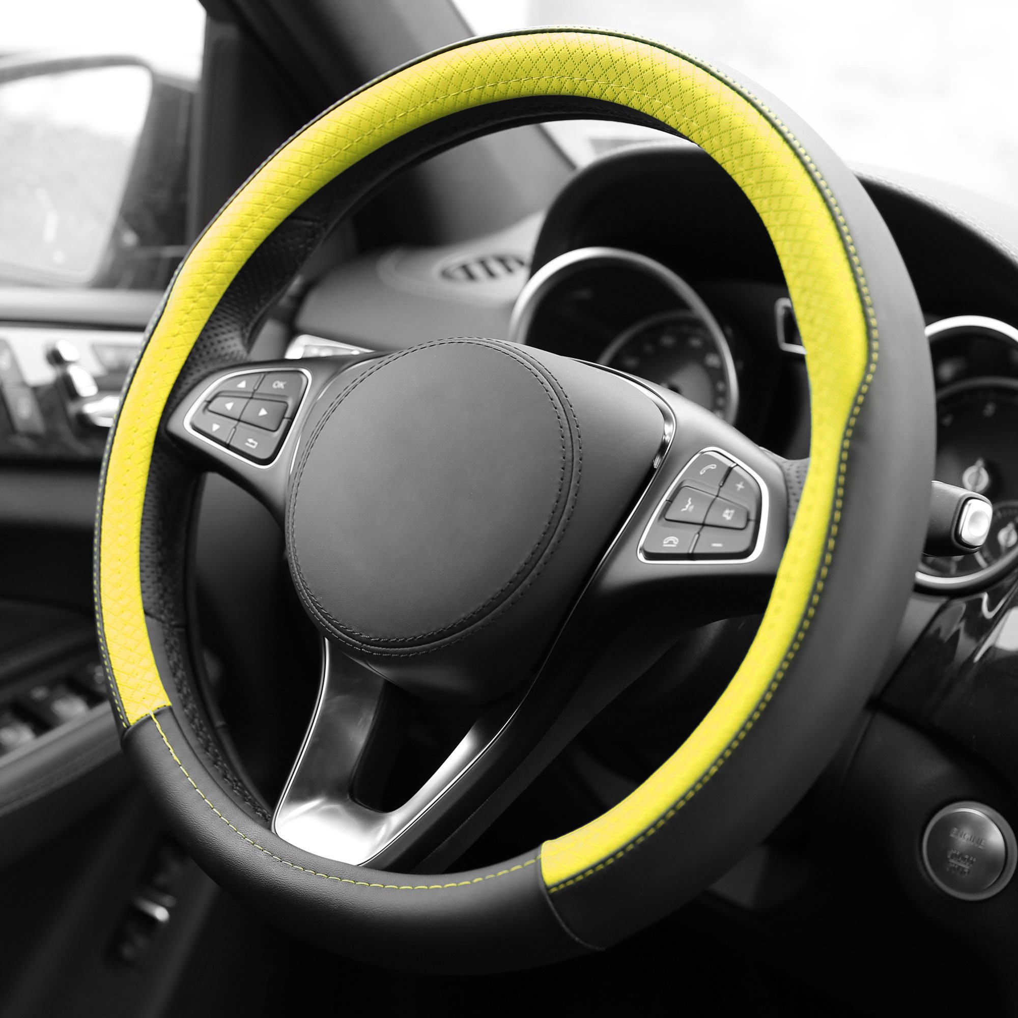 FH Group Geometric Chic Microfiber Leather Steering Wheel Cover - Universal Fit for Cars & SUVs, Non-Slip Grip, Yellow - Upgrade Your Driving Comfort & Style