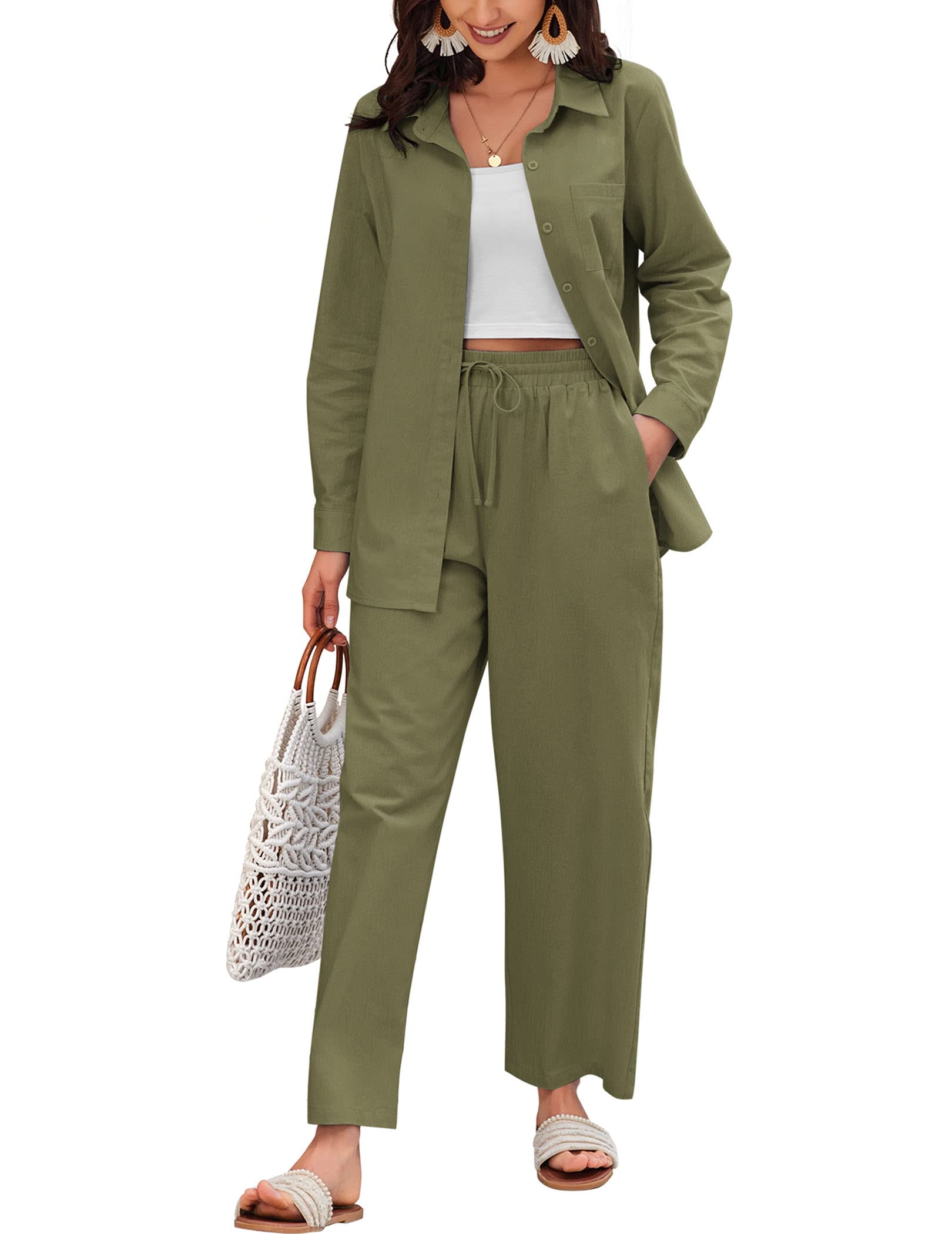 Zeagoo Women's Linen Suit Two Piece Outfit - Summer Beach Linen Shirt and Pants Set | Casual Vacation Wear, Resort Outfit, Boho Chic Style