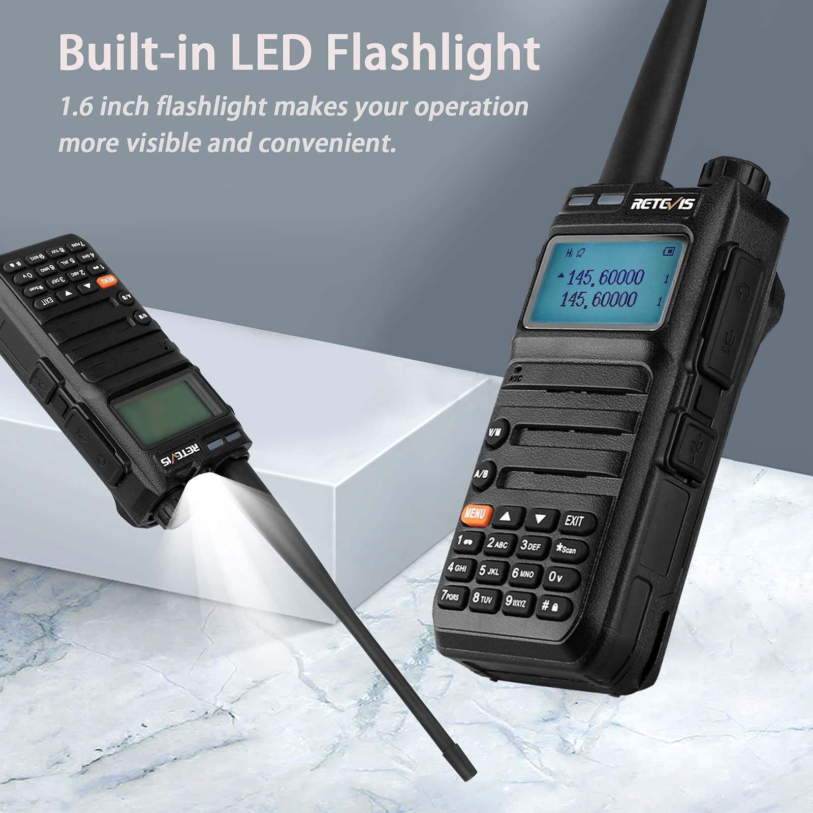 Retevis RA685 Dual Band Walkie Talkie - 5W High Power Long Range Two Way Radio with 1800mAh Rechargeable Battery, Flashlight & FM Radio - Perfect for Beginners, Hunting, Camping & Outdoor Adventures (Black, 1 Pack)