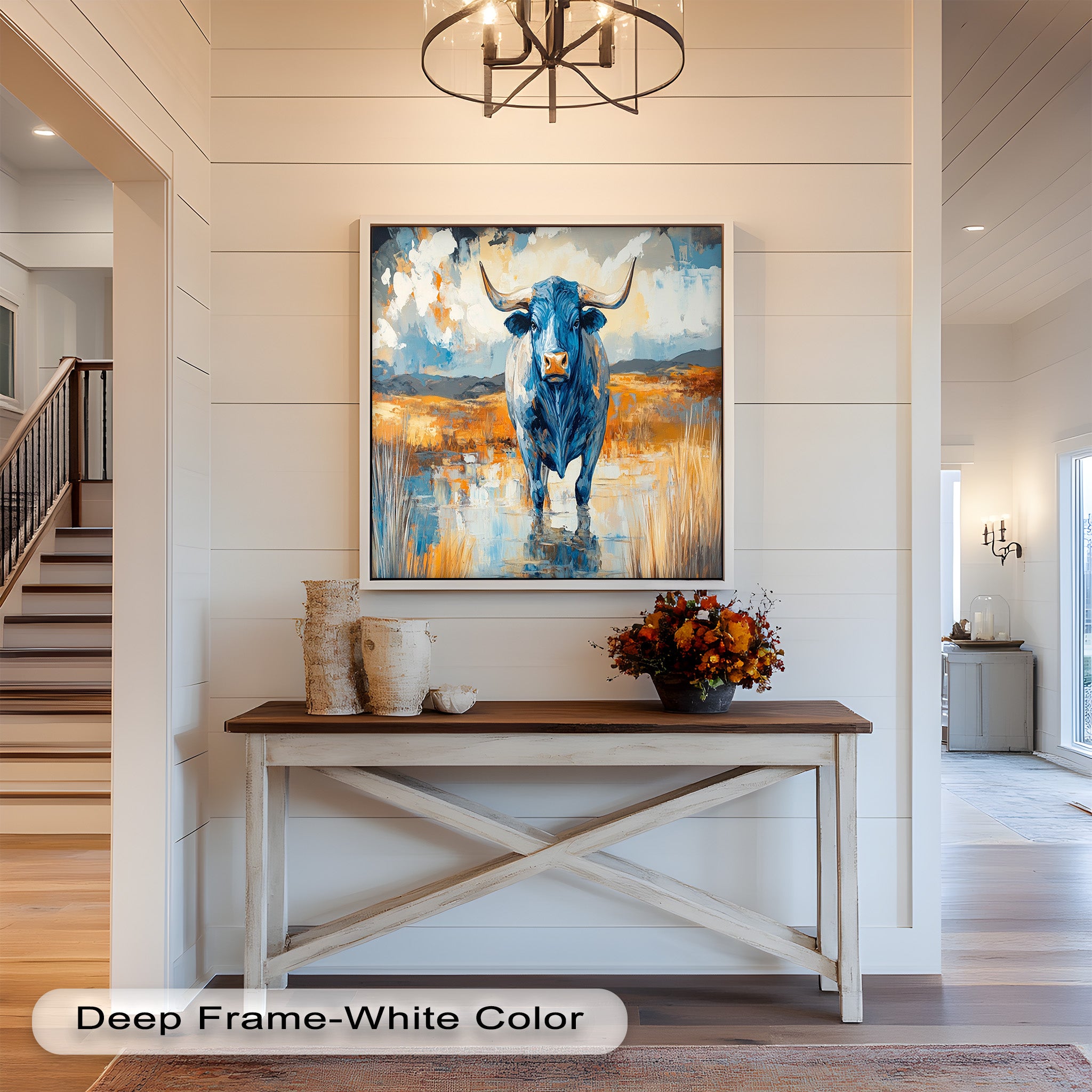 Blue Desert Bull - Hand Painted Animal Oil Canvas Artwork | Western Wildlife Decor for Living Room, Bedroom & Office