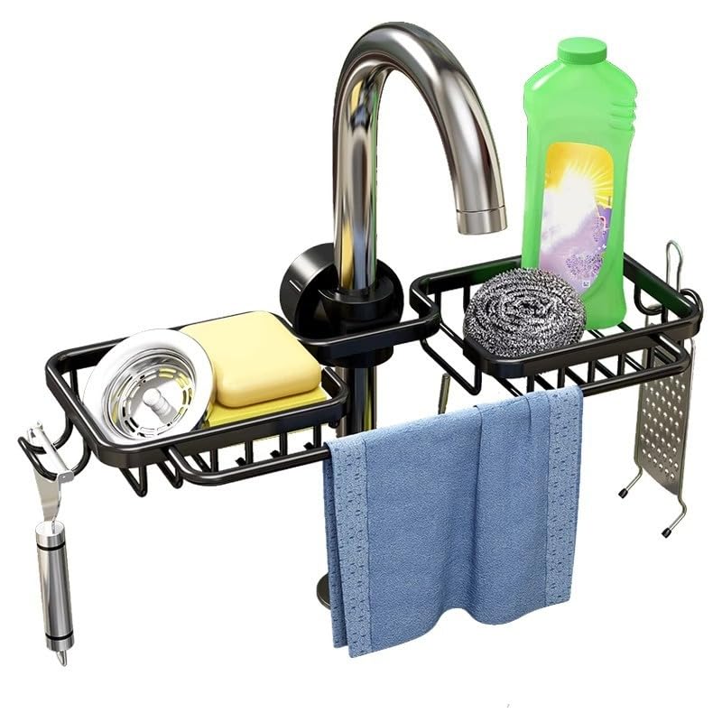 2024 Upgraded Adjustable Detachable Kitchen Sink Faucet Organizer & Sponge Holder - Multi-Purpose Sink Drain Shelf for Soap, Shampoo, Sponge Storage - Perfect for Kitchen, Bathroom & Shower Organization (Black Twins)