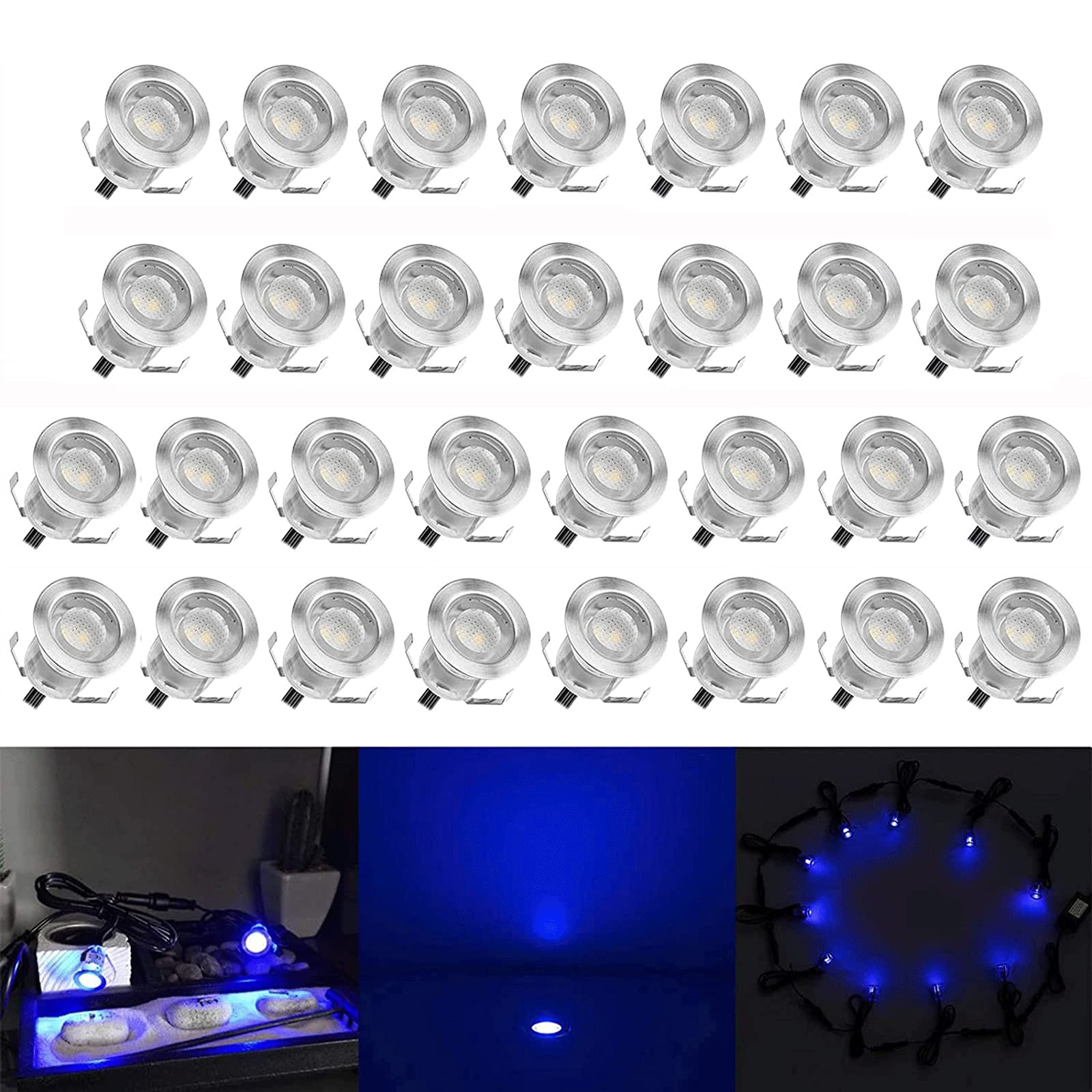 Low Voltage LED Deck Light Kit - Stainless Steel Waterproof Recessed Lighting for Wood Decks, Stairs, Garden, Yard & Patio - Outdoor Landscape Lighting (Blue, 30pcs) - Perfect for Pathway Illumination, Stair Safety & Backyard Ambience