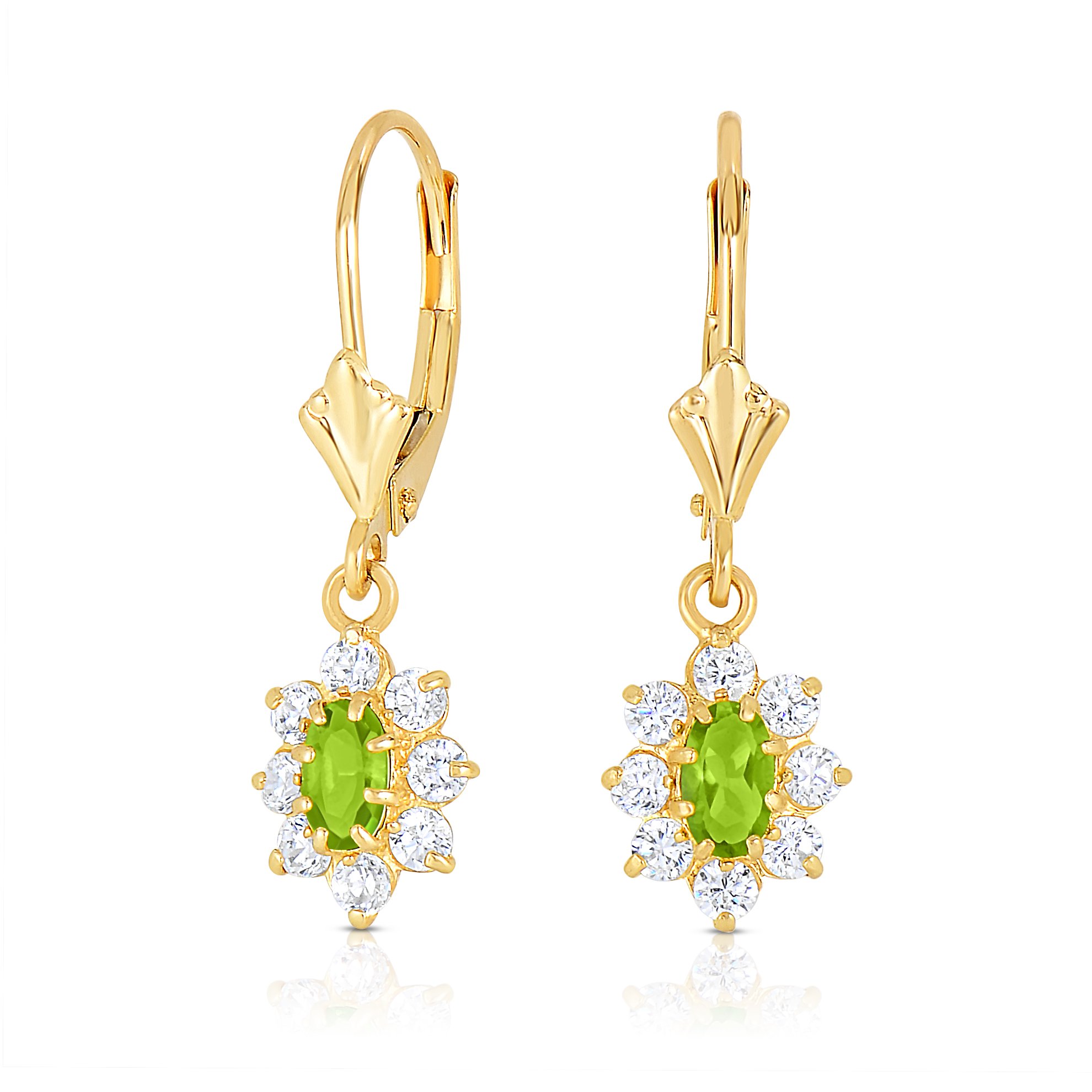 14K Yellow Gold Cubic Zirconia & Simulated Birthstone Oval Halo Leverback Dangle Earrings for Women - Elegant Gift for Birthday, Anniversary & Special Occasions
