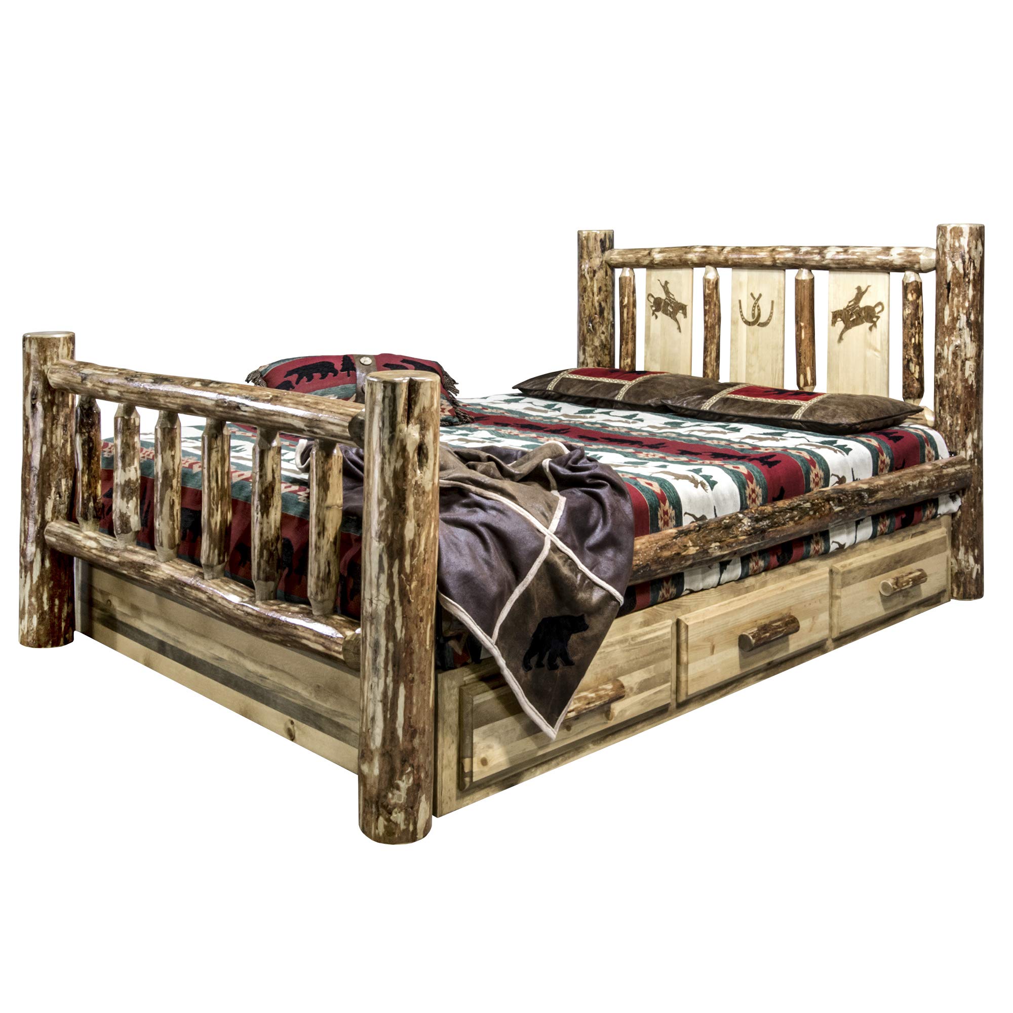 Montana Woodworks Twin Storage Bed with Laser Engraved Bronc Design - Rustic Wooden Platform Bed Frame with Underbed Drawers - Perfect for Kids Rooms, Guest Bedrooms & Small Space Storage Solutions