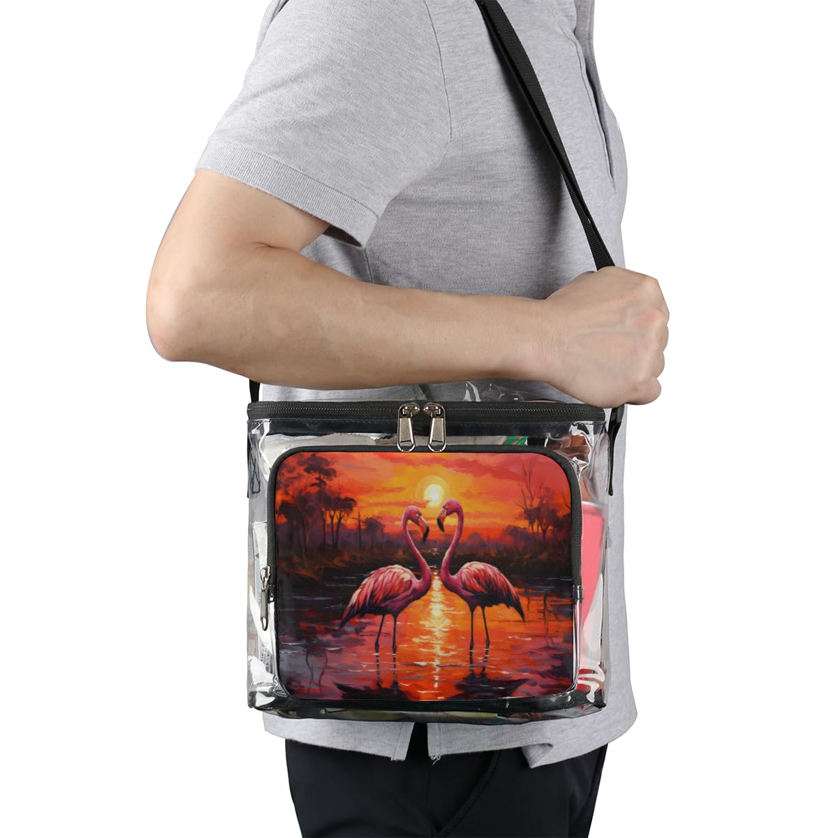 GzLeyigou Clear Transparent Tote Bag with Handles - Sunset Flamingo Print Crossbody Shoulder Bag for Women, Lunch Bag for Outdoor, Travel, Picnic, Concerts & Sports Events - Stadium Approved Purse for Beach, Shopping & Theme Parks