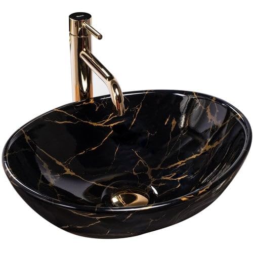 REMOTION Oval Ceramic Bathroom Sink - Glossy Black Gold Countertop Wash Basin for Vanity, Powder Room & Guest Bath | Modern Oval Shape Vessel Sink for Bathroom Decor & Home Renovation Projects