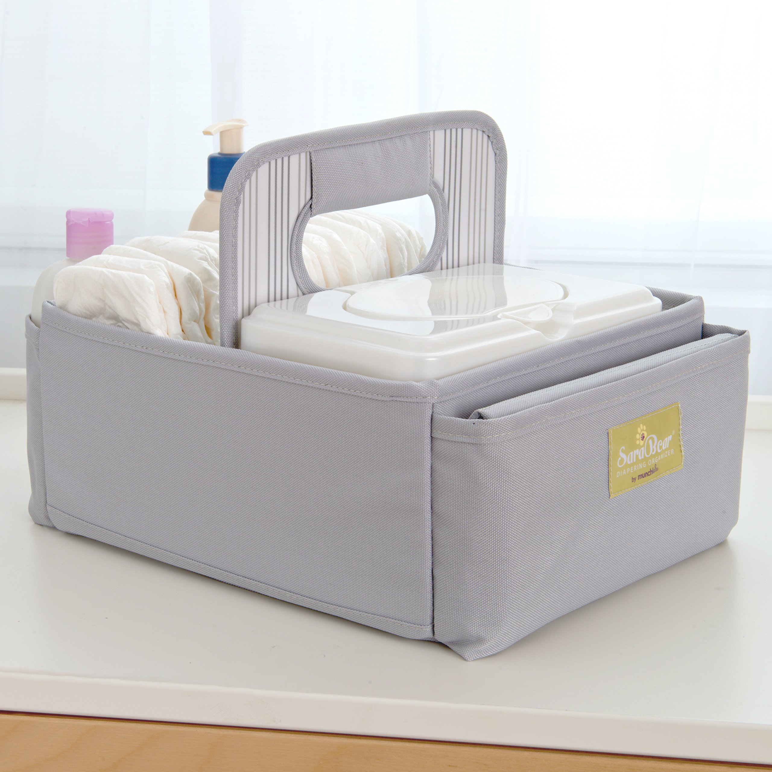 Munchkin SaraBear Diaper Organizer - Grey | Baby Changing Station with Storage Pockets | Perfect for Nursery, Daycare & Travel