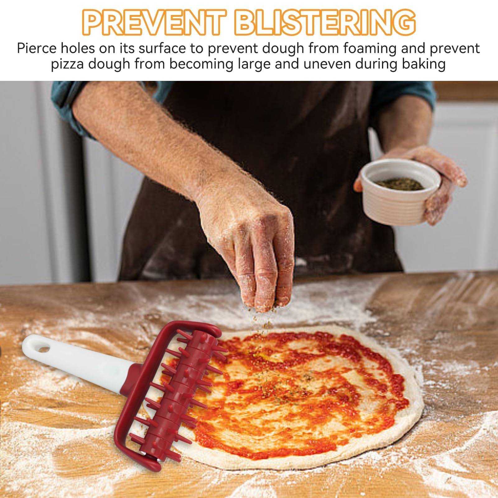 Pizza Dough Docker Roller with Spikes - Plastic Pastry Docking Tool for Homemade Baking, Prevents Dough Blistering (Red) - Perfect for Pizza, Pie Crusts, Crackers & Flatbreads