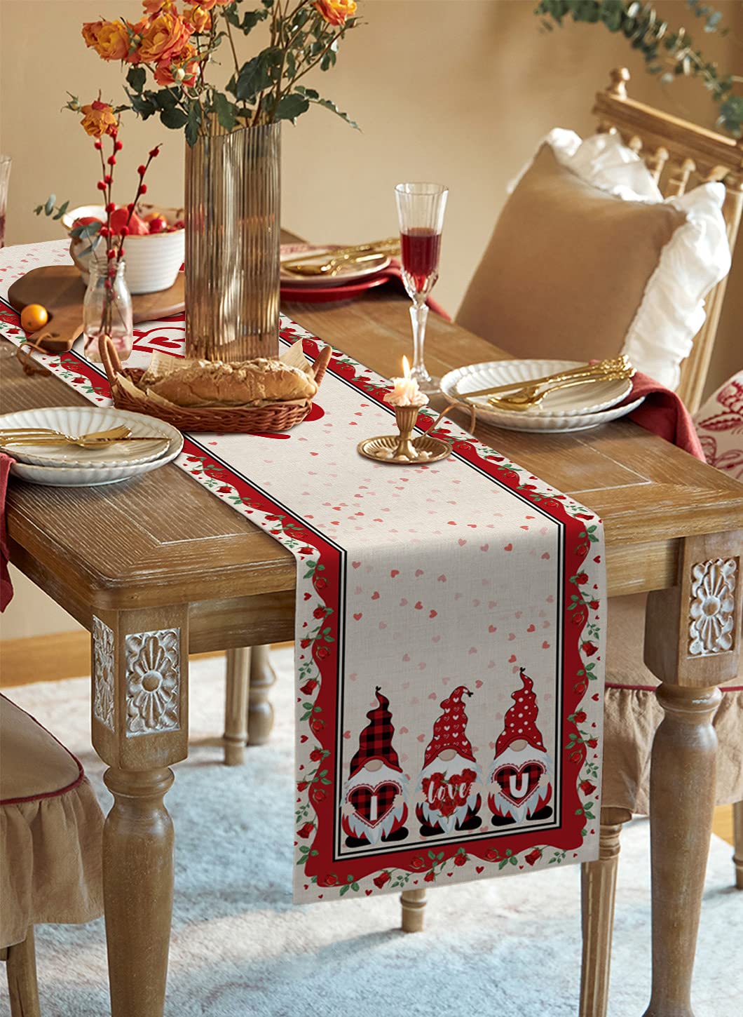 72 Inch Long Linen Table Runner with Valentine's Day Gnome & Heart Design - Elegant Kitchen & Dining Table Decor for Parties, Weddings, Home Decor (13x72 Inches) - Perfect for Romantic Dinners, Holiday Celebrations & Special Occasions