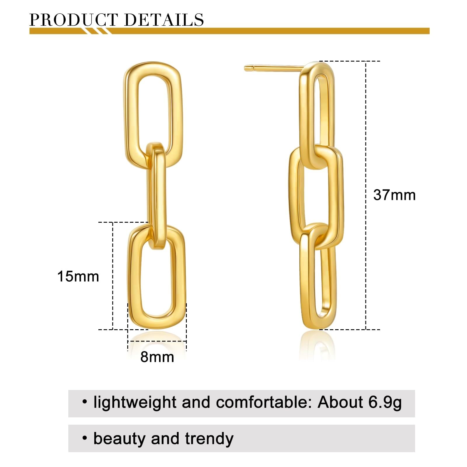 925 Sterling Silver Gold Chain Earrings - Paperclip Drop Dangle Earrings for Women | Trendy Link Design | Perfect Gift for Birthday, Anniversary & Everyday Wear