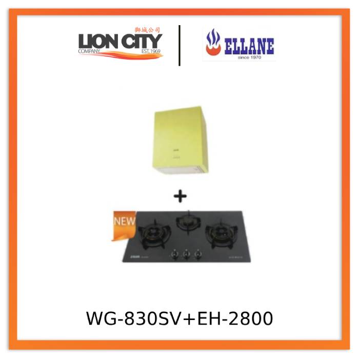 Ellane EH 2800 45cm Stainless Steel Box Hood with WG 830SV 87cm 3-Burner Glass Gas Hob - Modern Kitchen Ventilation & Cooking Solution for Home Chefs