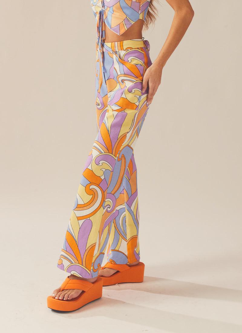 Evie Pants - Vintage Retro Swirl Print High Waisted Flare Pants for Women | 70s Inspired Hippie Boho Fashion | Perfect for Music Festivals, Parties & Casual Wear