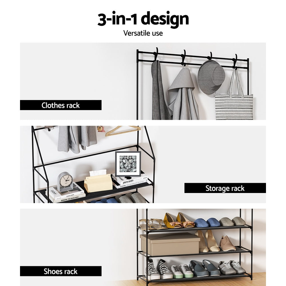 Artiss Metal Shoe Rack & Coat Stand - 5-Tier Shoe Organizer with Hat Hooks, Space-Saving Entryway Storage Shelf for Hallway, Closet, Bedroom - Black