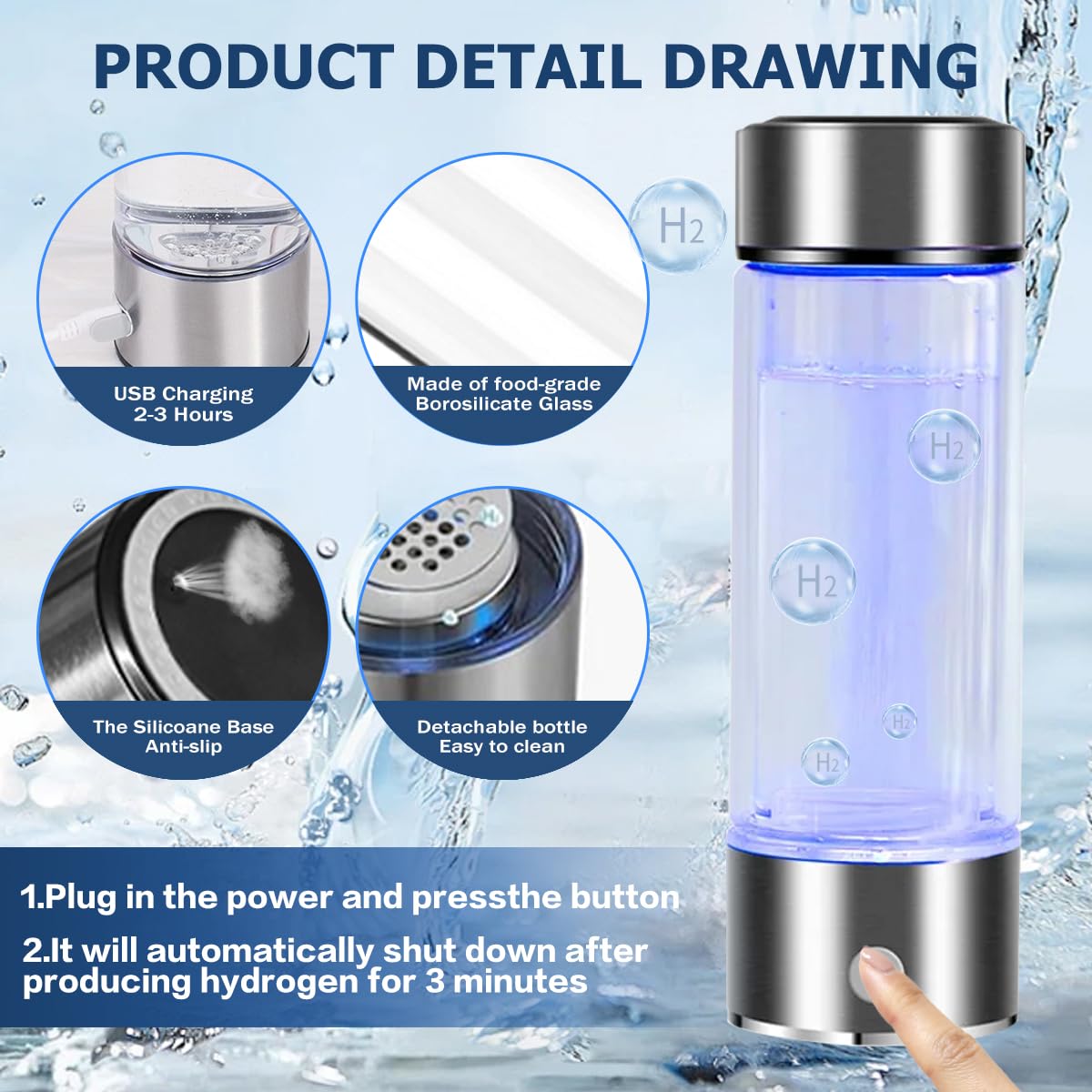 Premium Hydrogen Water Bottle Generator with SPE & PEM Technology - 2500-3000ppb H2 Infuser for Office & Travel - Portable Water Ionizer for Health & Wellness - Perfect for Hydration On-The-Go & Active Lifestyle