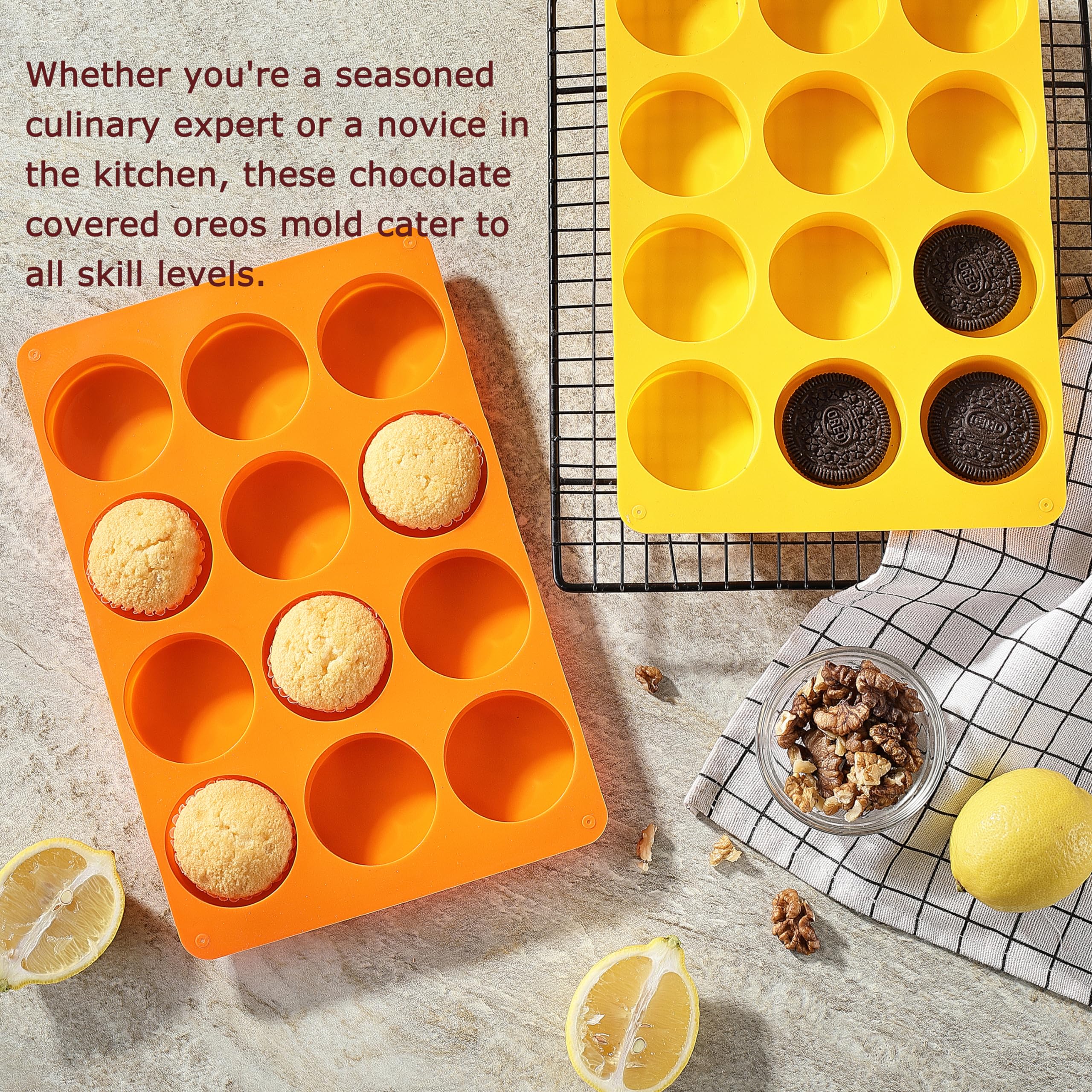 2-Pack Oreo Chocolate Cookie Silicone Molds - 12-Cavity Round Baking Molds for Cookies, Candies, Mini Cakes & Jelly (Orange + Yellow) - Perfect for DIY Desserts, Party Treats & Holiday Baking