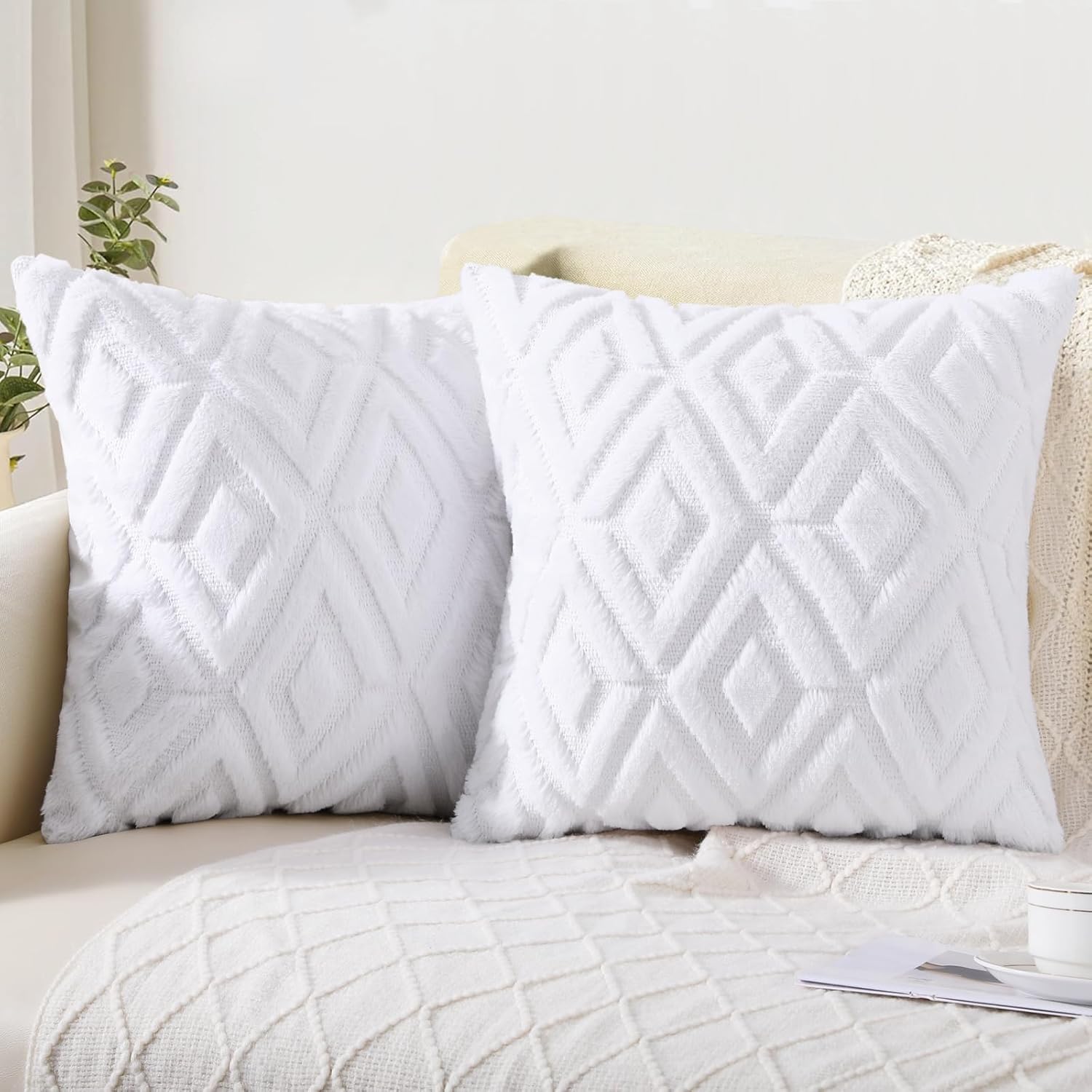 Pallene Soft Faux Fur Throw Pillow Covers 18x18 Set of 2 - Plush Wool Decorative Couch Pillow Covers for Sofa Bed Living Room - 3D Diamond Pattern - Pure White - Perfect for Cozy Home Decor, Winter Accents & Luxury Interior Design