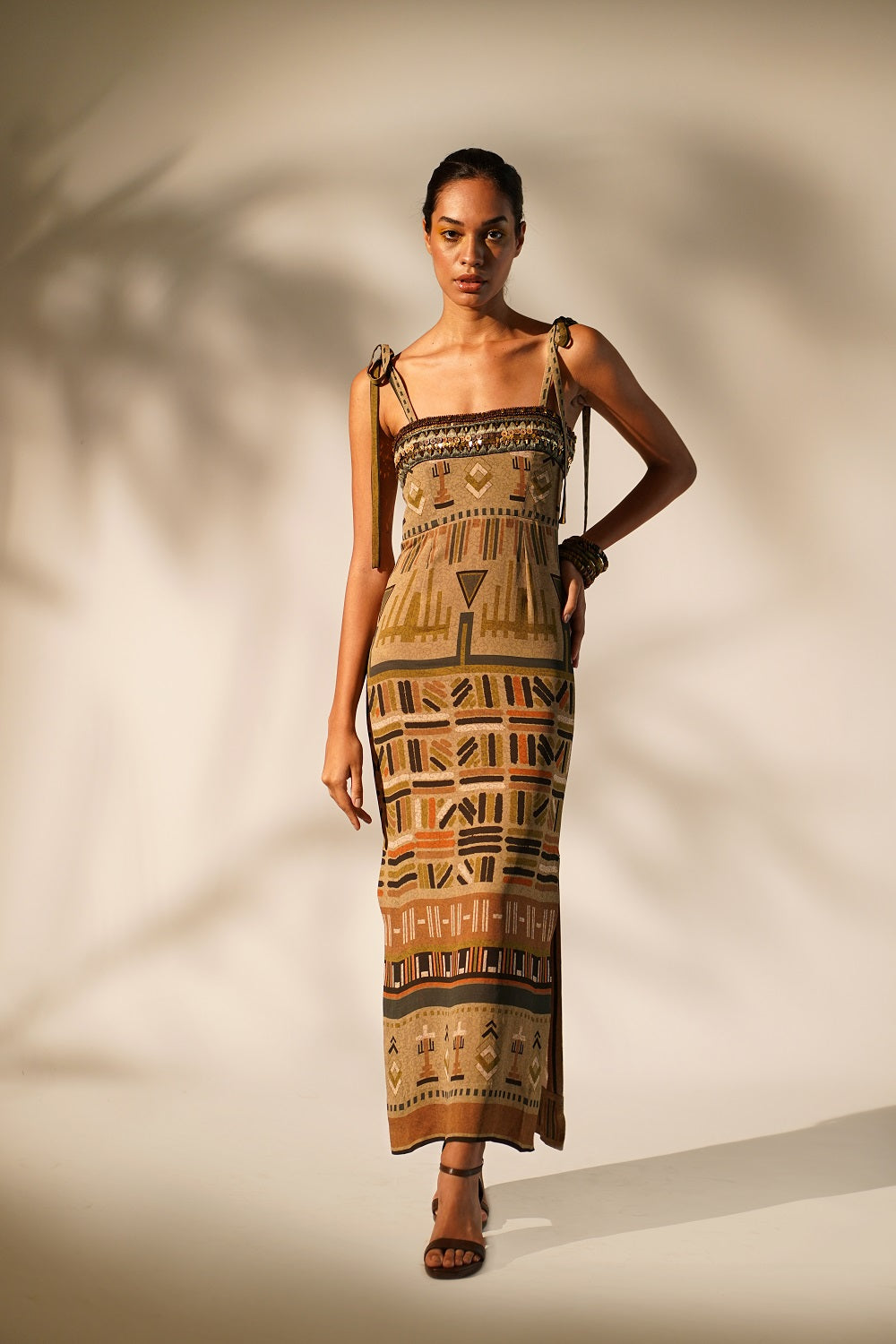 Stylish Green Aztec Print Tube Dress with Hand-Threaded Details & Wooden Embellishments | Perfect for Boho Festivals, Beach Vacations & Summer Parties