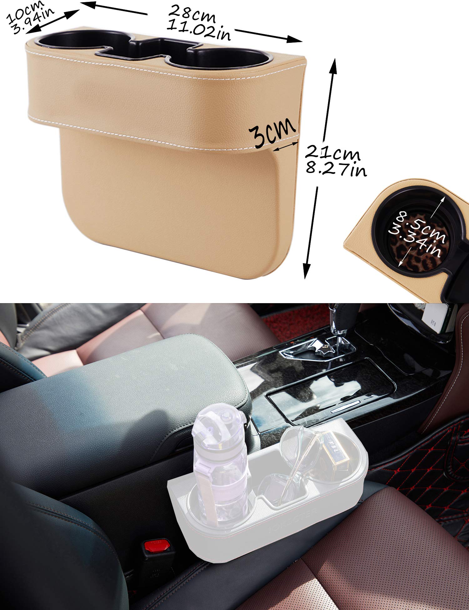 Premium PU Leather Car Cup Holder Organizer - Seat Gap Filler with Phone & Drink Storage | Universal Fit for SUV, Truck & Sedan | Perfect for Road Trips, Commuting & Family Travel (Beige)