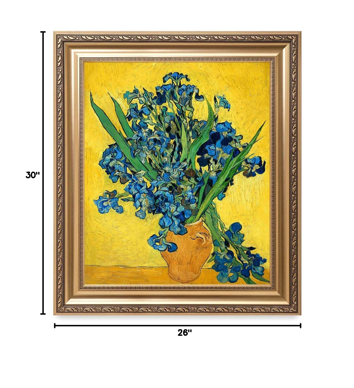 DECORARTS - Van Gogh Irises Vase Flower Giclee Canvas Print with Golden Relief Frame - 24x20 in Picture, 30x26 in Framed Size - Premium Wall Art for Living Room, Bedroom & Office Decor