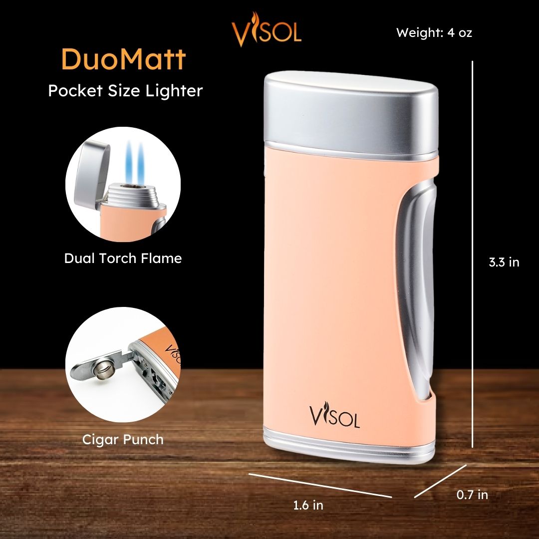 Premium Visol DuoMatt Salmon Double Flame Cigar Lighter - Windproof, Refillable, Perfect for Cigars, Cigarettes & Outdoor Use