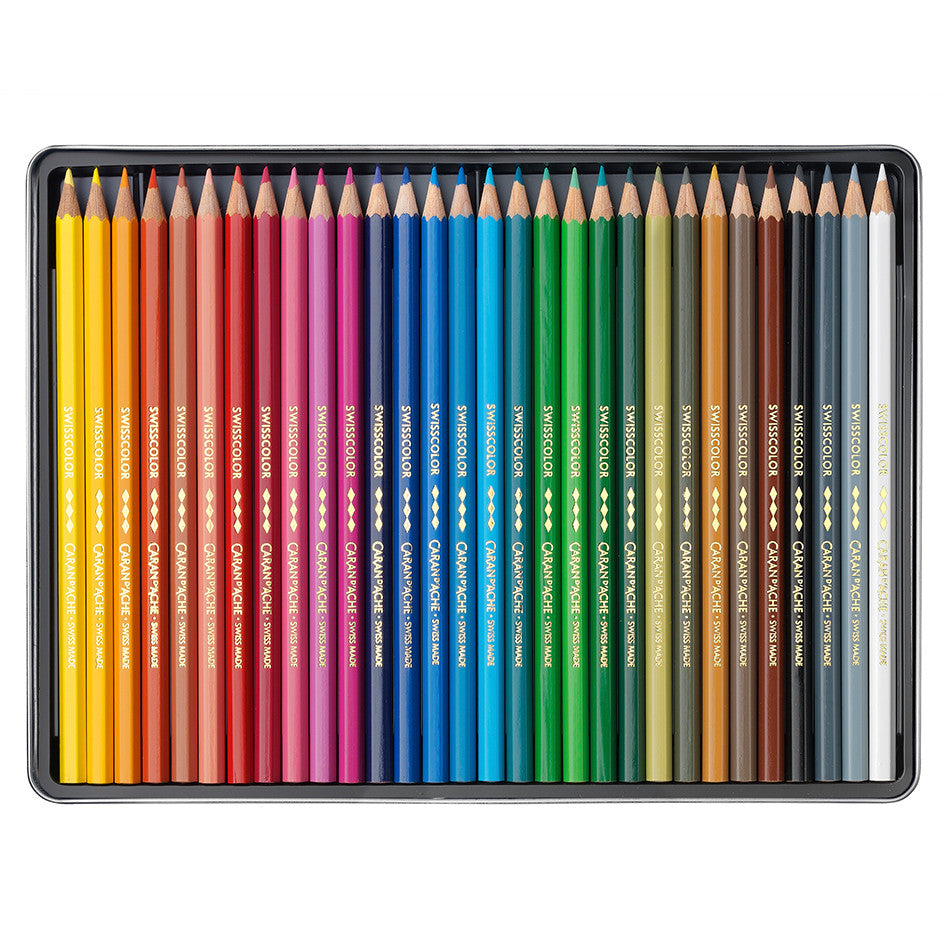 Premium Caran d'Ache Swisscolor Water-Resistant Colored Pencils - Set of 30 in Metal Tin Box - Ideal for Artists, Sketching & Watercolor Techniques