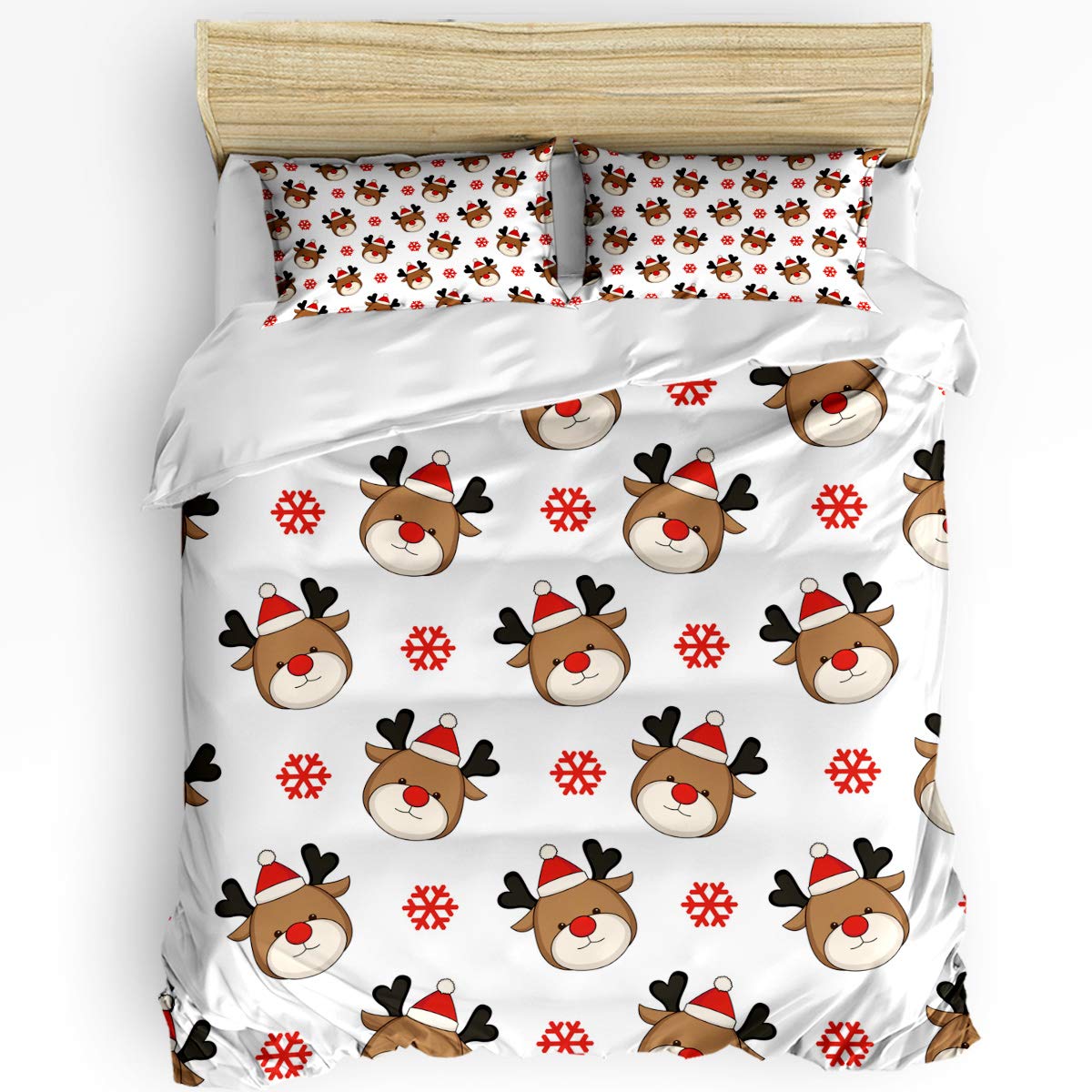 UP 3-Piece Queen Size Christmas Reindeer Snowflake Bedding Set - Soft Comforter Duvet Cover with 2 Decorative Pillowcases - Holiday Themed Bedspread for Kids, Teens & Adults (Cartoon Red) - Perfect for Winter Bedrooms & Festive Home Decor