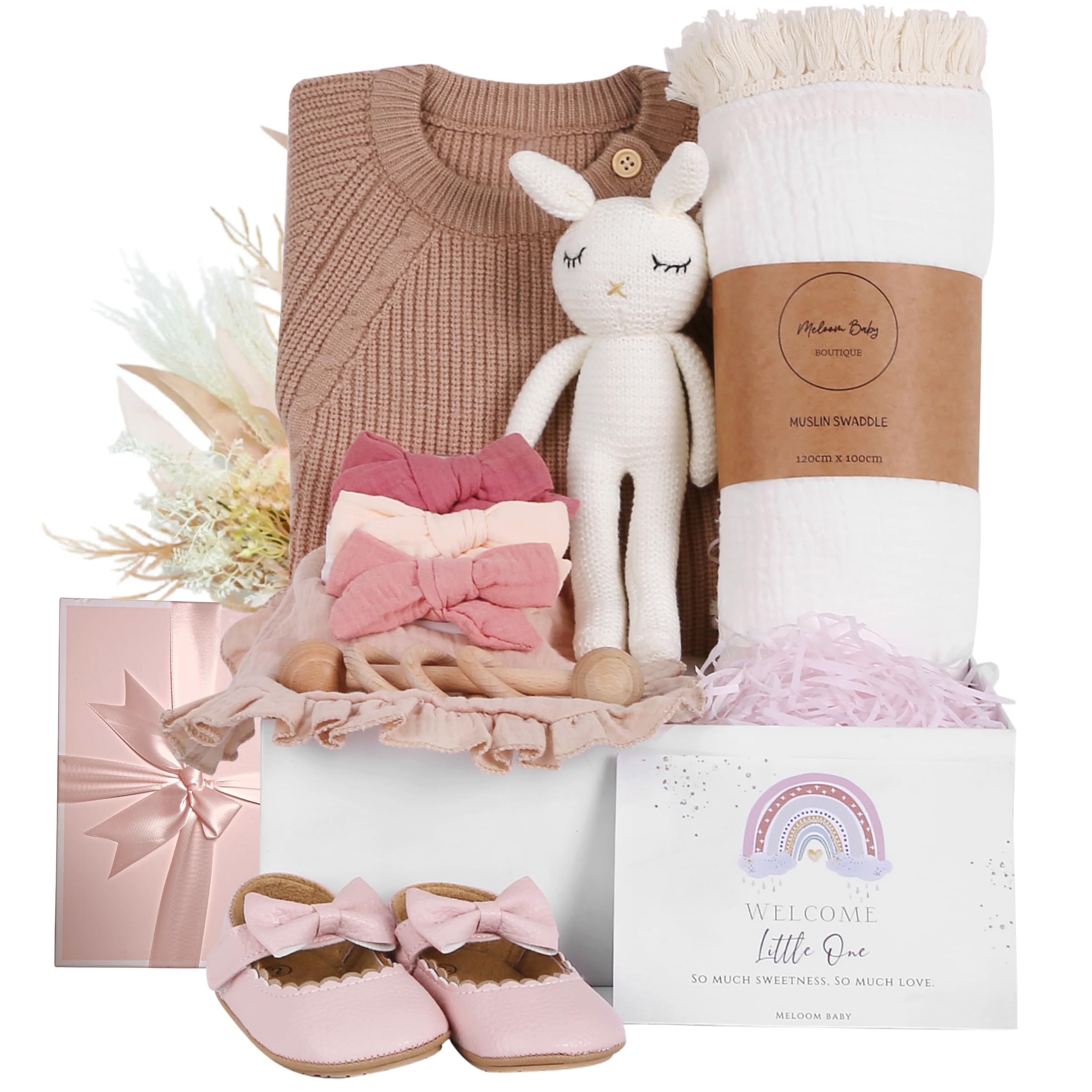 Meloom Deluxe Baby Girl Gift Set - Newborn Baby Shower Gifts Basket with Boho Essentials | Personalized Baby Shower Gifts for New Moms | Perfect for Newborn Welcome, Christening & First Birthday Celebrations